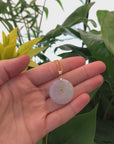 "Good Luck Button" White Lavender Jadeite Jade Lucky KouKou Pendant Necklace With 14K Yellow Gold Bail