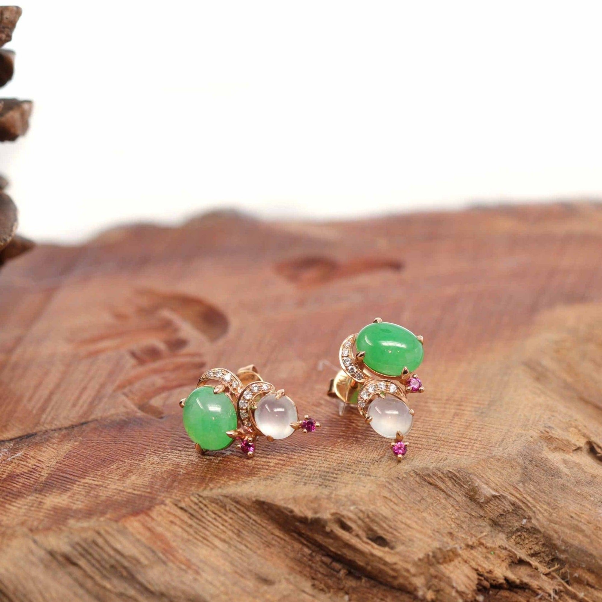 Baikalla Jewelry Gold Jade Earrings 18K Rose Gold Multi Color Jadeite Jade Stud Earrings