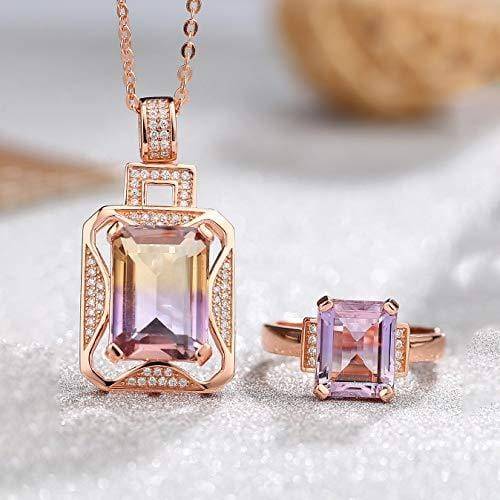 Baikalla Jewelry Gemstone Pendant Necklace Silver Rose Gold Genuine AAA Royal Ametrine Pendant Necklace Ring Sets