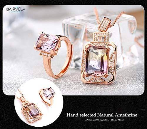 Baikalla Jewelry Gemstone Pendant Necklace Silver Rose Gold Genuine AAA Royal Ametrine Pendant Necklace Ring Sets