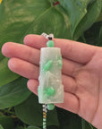 Genuine White & Green Jadeite Jade "Good Luck Bamboo" Pendant Necklace With Real Jadeite Bead Necklace