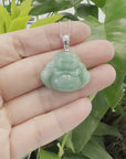 Baikalla™ "Laughing Buddha" Genuine Vibrant Green Jadeite Buddha Pendant Necklace With 14k White Gold Bail