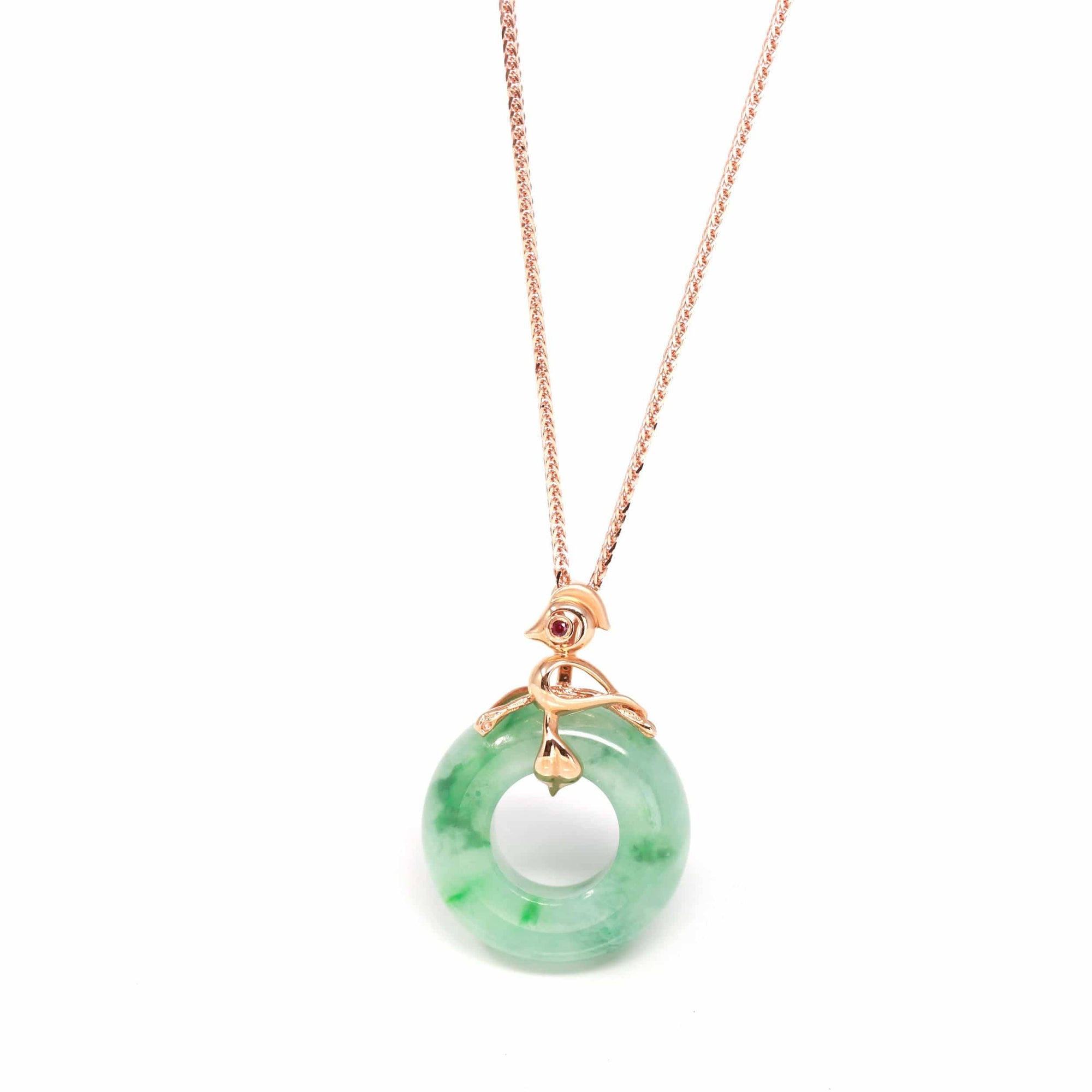 Baikalla Jewelry 18k Gold Jadeite Necklace W/O 18k Matching Gold Chain Baikalla™ &quot;Good Luck Birdie&quot; 18k Rose Gold Genuine Burmese Jadeite Lucky Pendant Necklace With AA Ruby &amp; Diamond