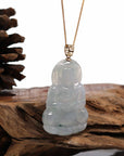 Baikalla Jewelry Jade Guanyin Pendant Necklace Baikalla 14k Yellow Gold "Goddess of Compassion" Genuine Burmese Jadeite Jade Guanyin Necklace With Good Luck Design