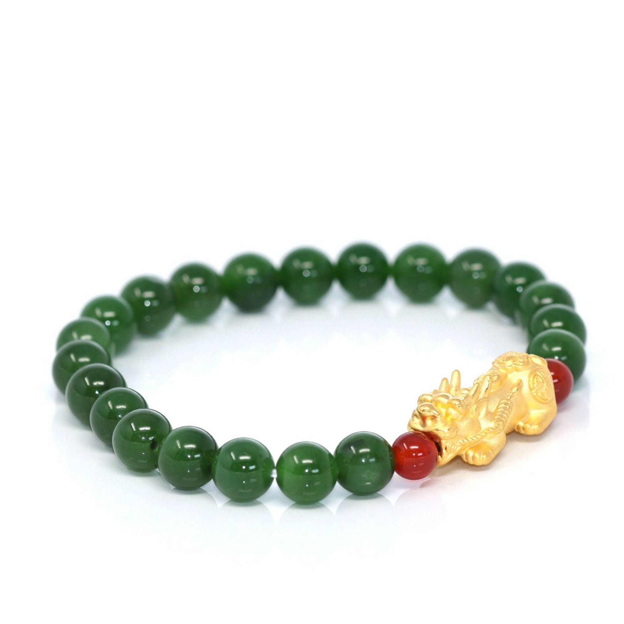 Baikalla Jewelry jade beads bracelet 24K Pure Yellow Gold PiXiu With Genuine Green Jade Round Beads Bracelet Bangle ( 8 mm )