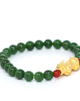 Baikalla Jewelry jade beads bracelet 24K Pure Yellow Gold PiXiu With Genuine Green Jade Round Beads Bracelet Bangle ( 8 mm )