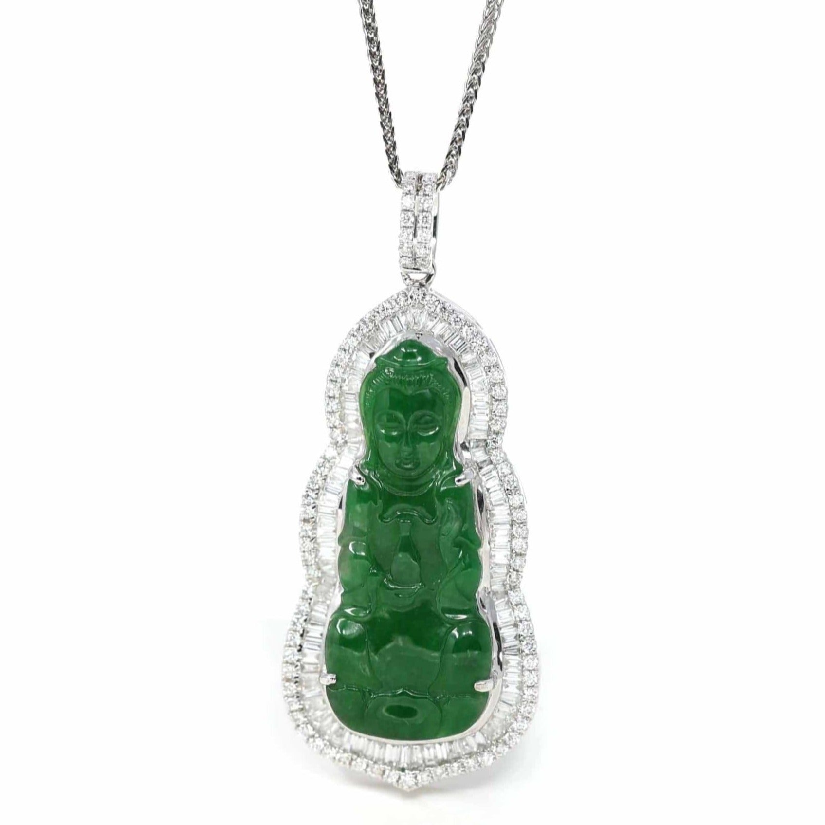 Baikalla Jewelry 18k Gold Jadeite Necklace 18K White Gold High-End Imperial Jadeite Jade "Goddess of Compassion" Guan Yin Necklace with Diamonds