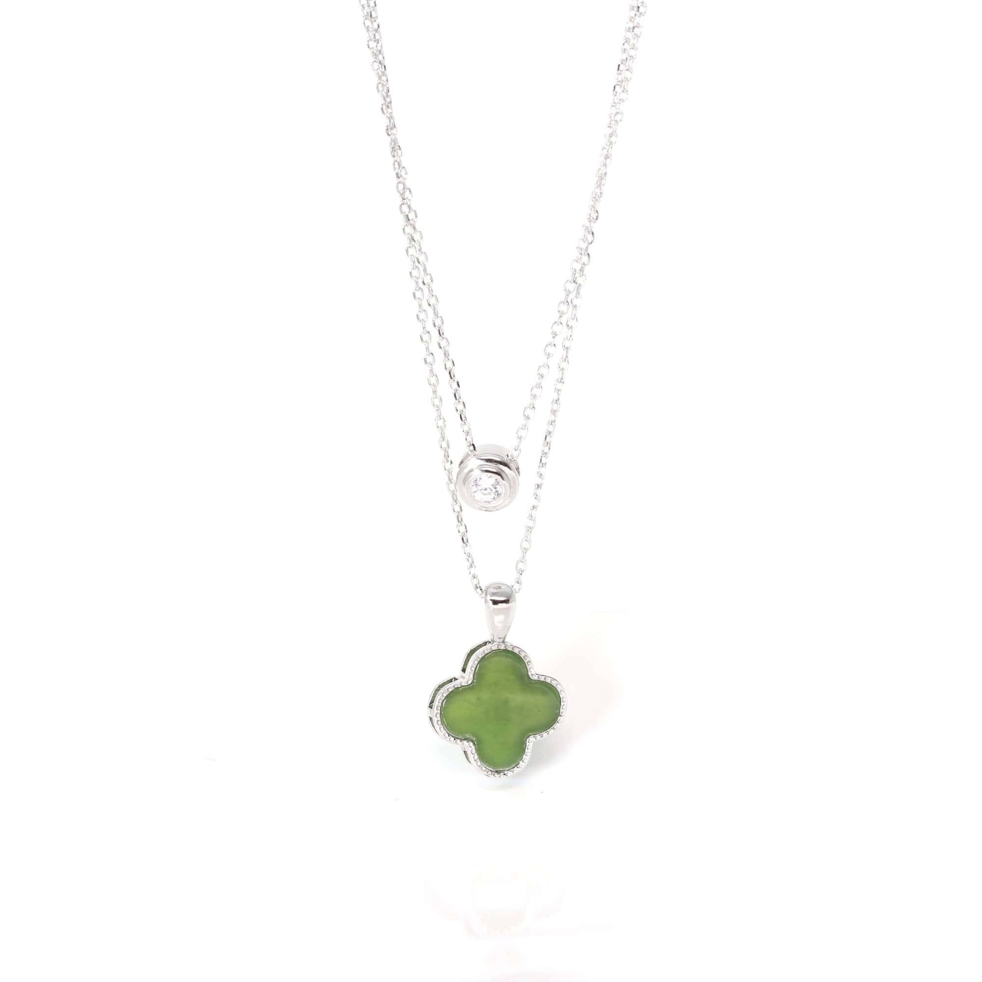 Baikalla Jewelry Silver Jade Pendant Necklace Pendant Baikalla Sterling Silver Real Green Nephrite Jade Lucky Four Leaf Clover Earrings