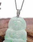 Baikalla Jewelry Jade Guanyin Pendant Necklace 14k White Gold "Goddess of Compassion" Genuine Green Jadeite Jade Guanyin Necklace With Gold Diamond Bail