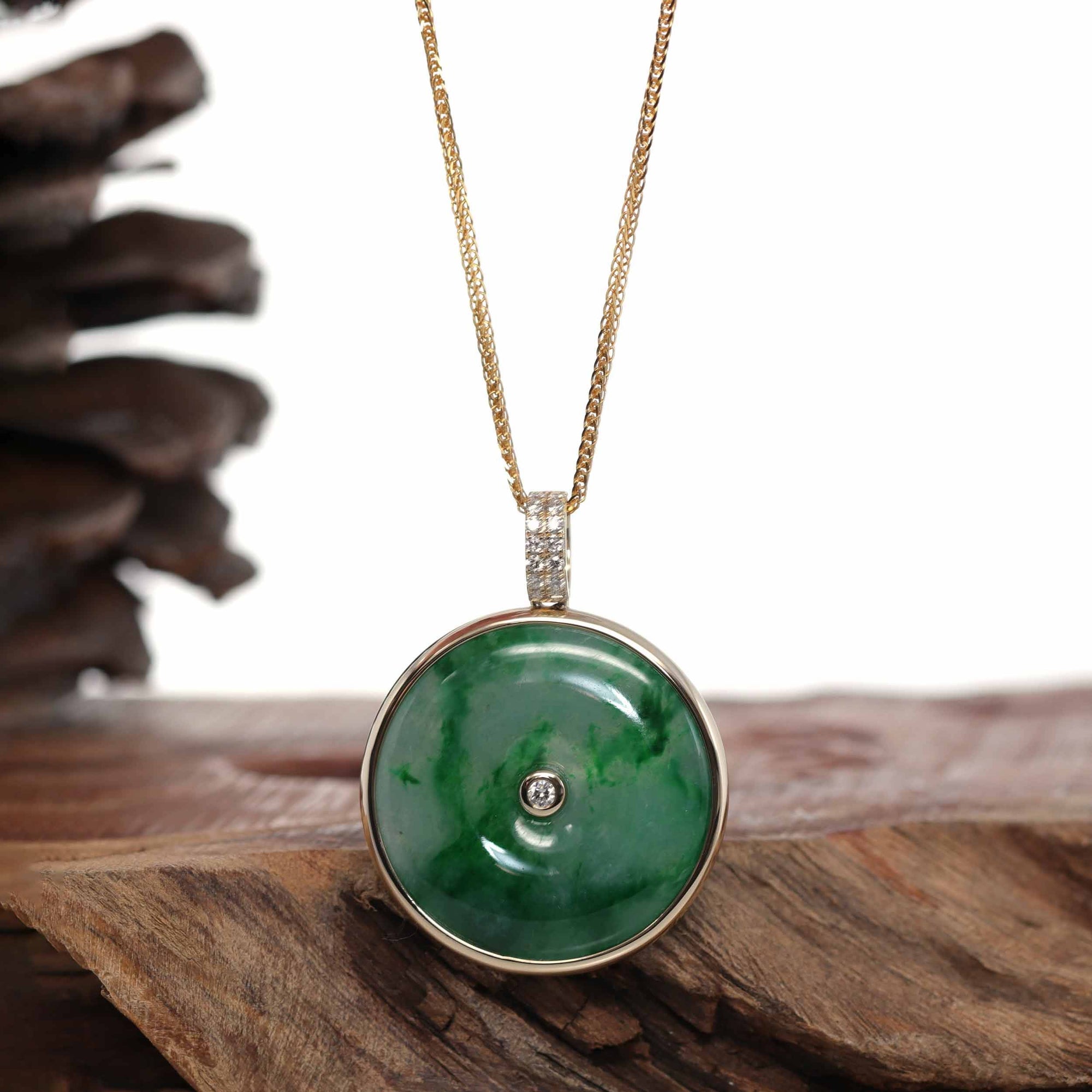 Baikalla Jewelry Gold Jadeite Jade Pendant Necklace 14K Gold "Good Luck Button" Necklace Ice Green Jadeite Jade Lucky KouKou Pendant Necklace