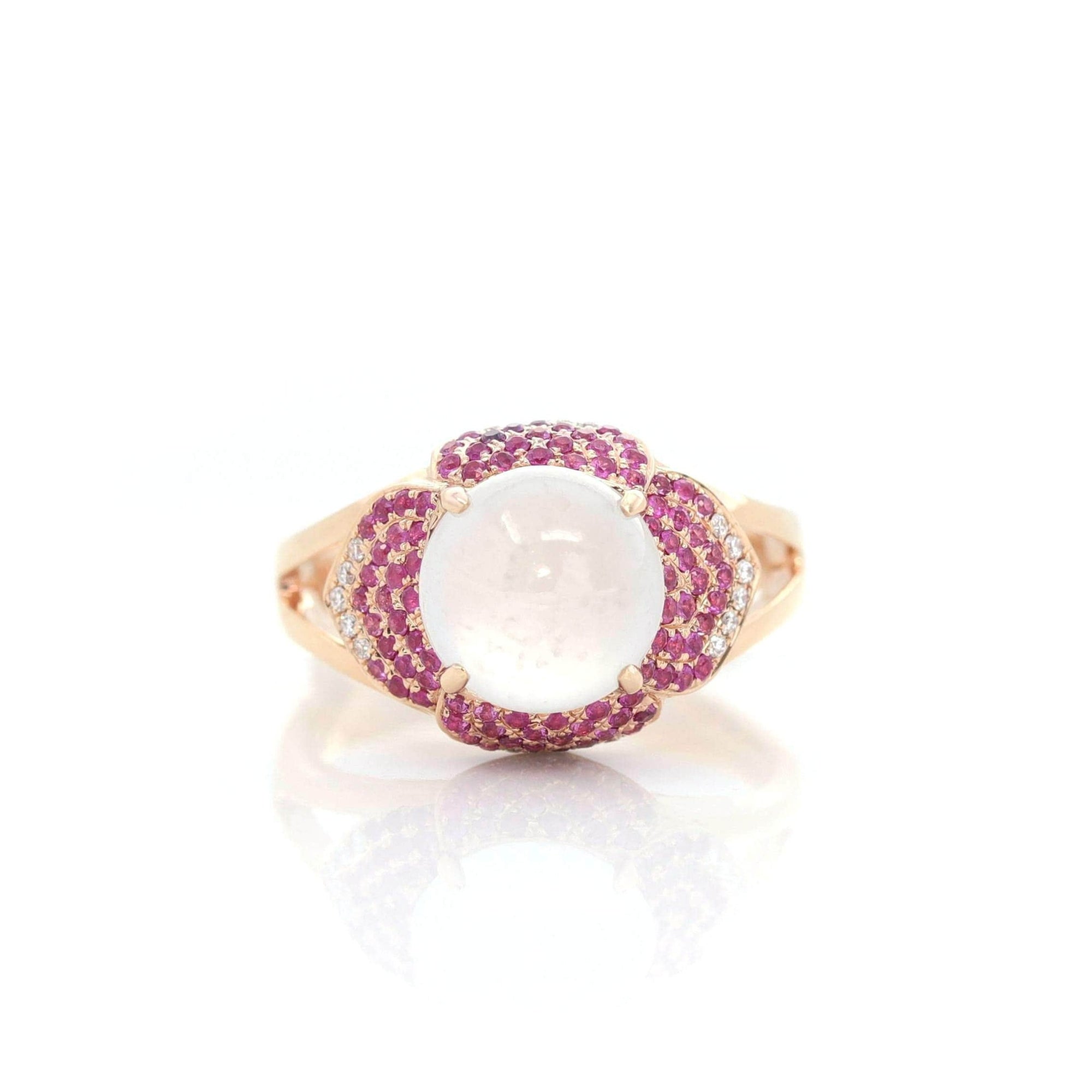 Baikalla Jewelry Jadeite Engagement Ring 18k Rose Gold Natural Ice Jadeite Engagement Ring With Diamonds and Ruby