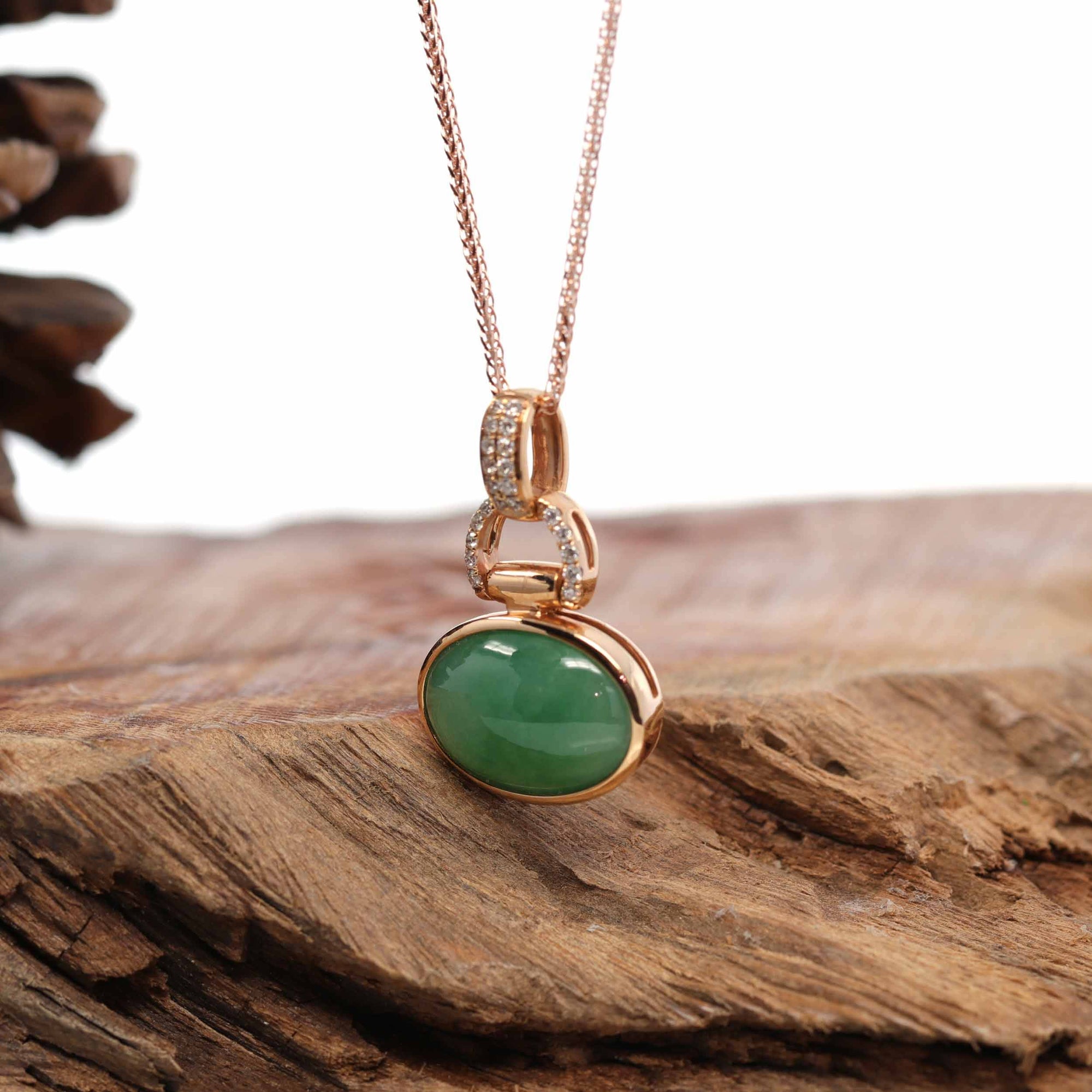 Baikalla Jewelry 18k Gold Jadeite Necklace 18K Rose Gold Oval Imperial Jadeite Jade Cabochon Necklace with Diamonds