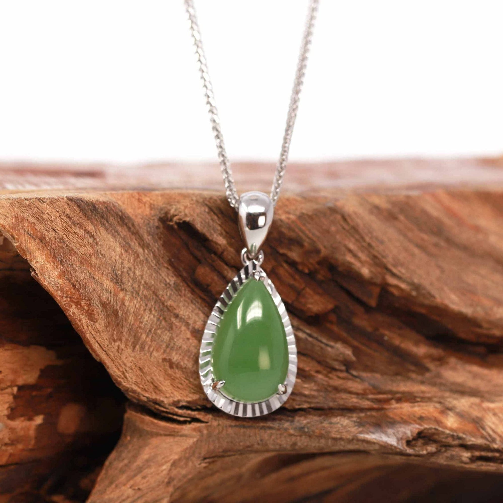 Baikalla Jewelry Gold Jade Pendant 14K Gold &quot;Classic Tear Drop&quot; Green Apple Green Jade Diamond Cut Setting Pendant Necklace