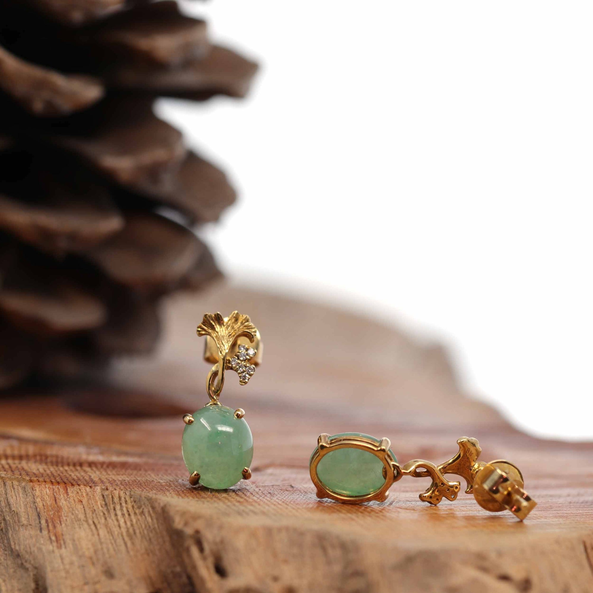 Baikalla Jewelry Gold Jade Earrings 18K Rose Gold "Apricot Blossom" Green Jadeite Jade Dangle Stud Earrings