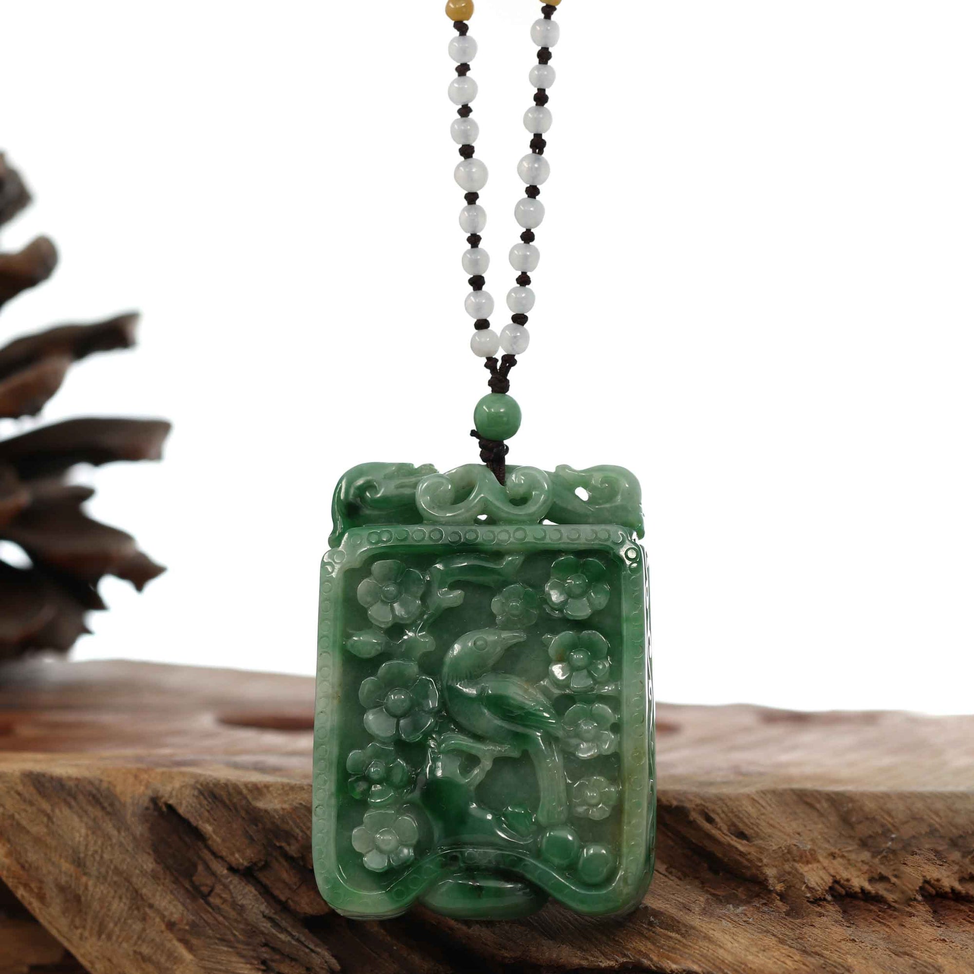 Baikalla Jewelry Jade Guanyin Pendant Necklace Genuine Green Jadeite Jade "Lucky Bird on Branch" Pendant Necklace With Real Jadeite jade Beads Necklace