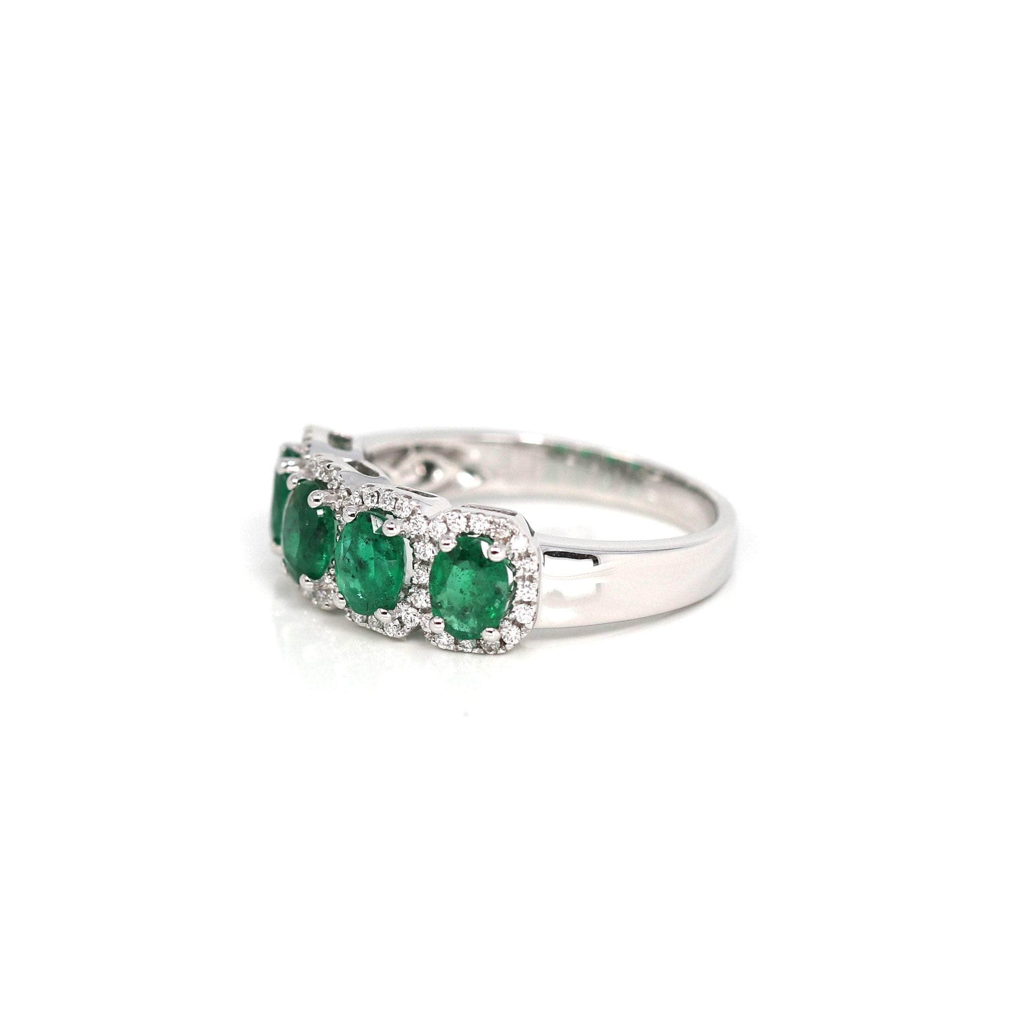 Baikalla Jewelry Gold Emerald Ring 18k White Gold Natural Emerald Four Stones Set Band Ring with Diamonds