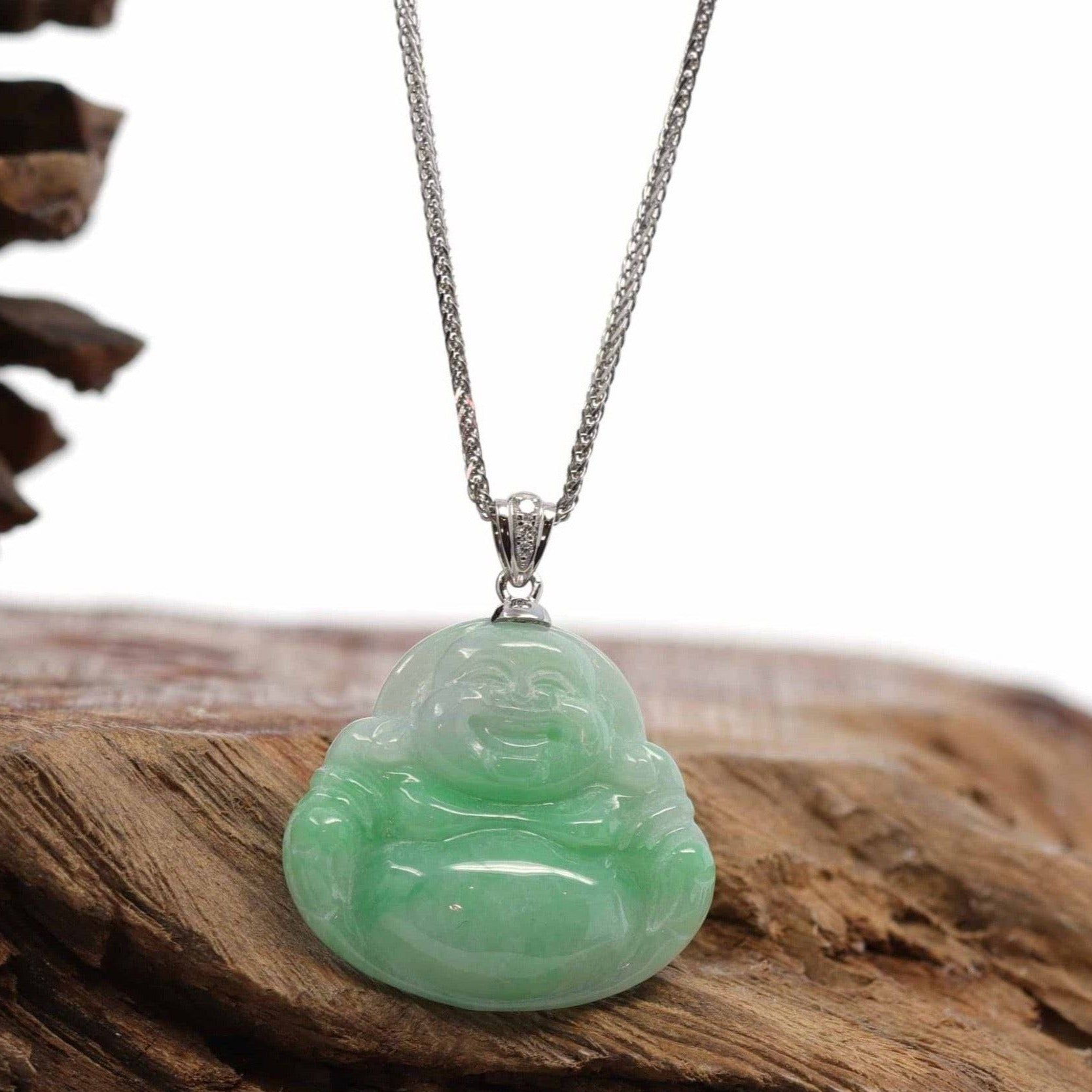 Baikalla Jewelry Jade Buddha Pendant Baikalla™ &quot;Laughing Buddha&quot; Genuine Vibrant Green Jadeite Buddha Pendant Necklace With 14k White Gold Diamond  Bail