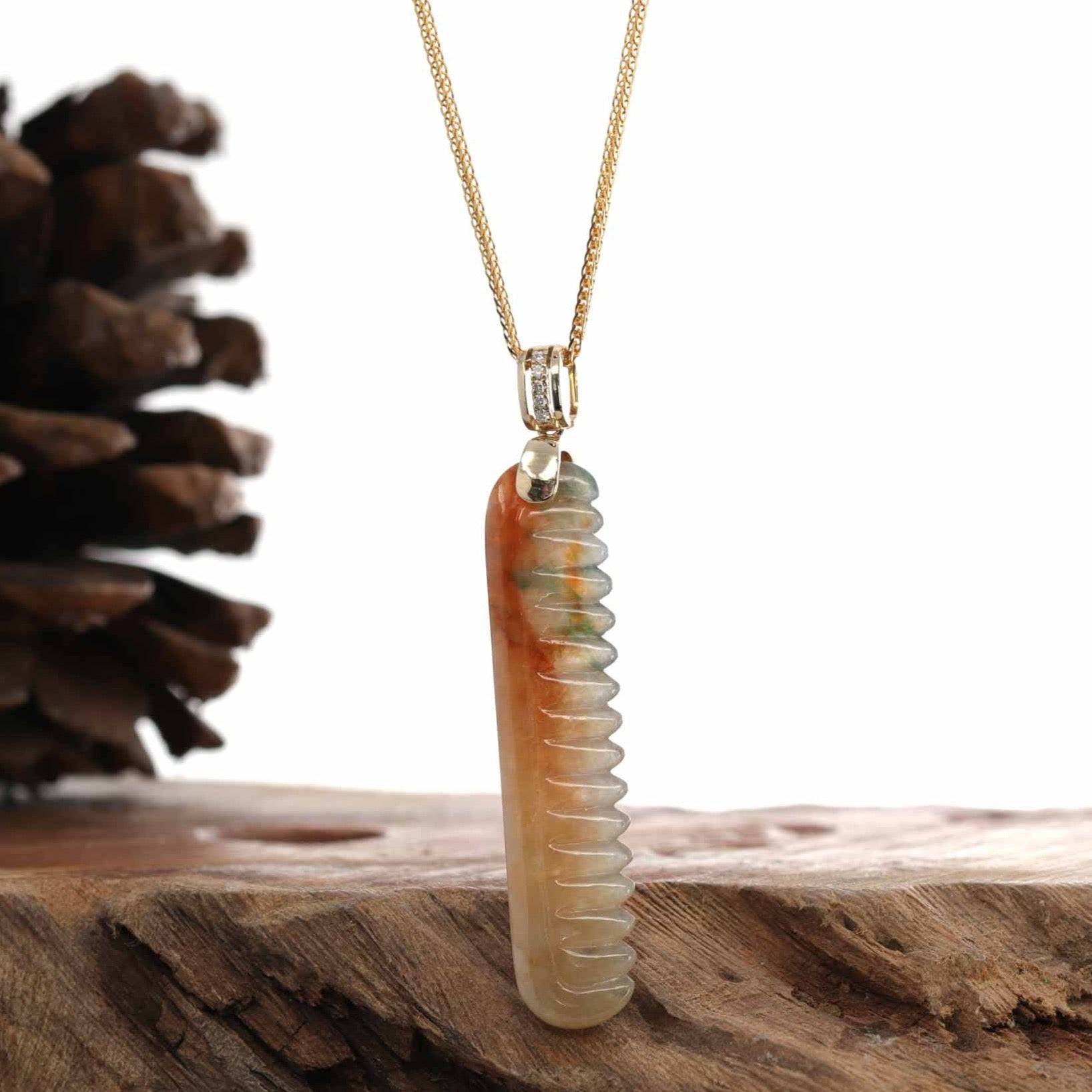 Baikalla Jewelry Jade Pendant 14K Yellow Natural Red & Brown Jadeite Jade Comb Necklace