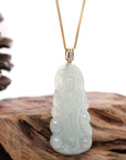 Baikalla Jewelry Jade Guanyin Pendant Necklace Baikalla 14k Yellow Gold "Goddess of Compassion" Genuine Ice Burmese Jadeite Jade Guanyin Necklace With Gold Diamond Bail