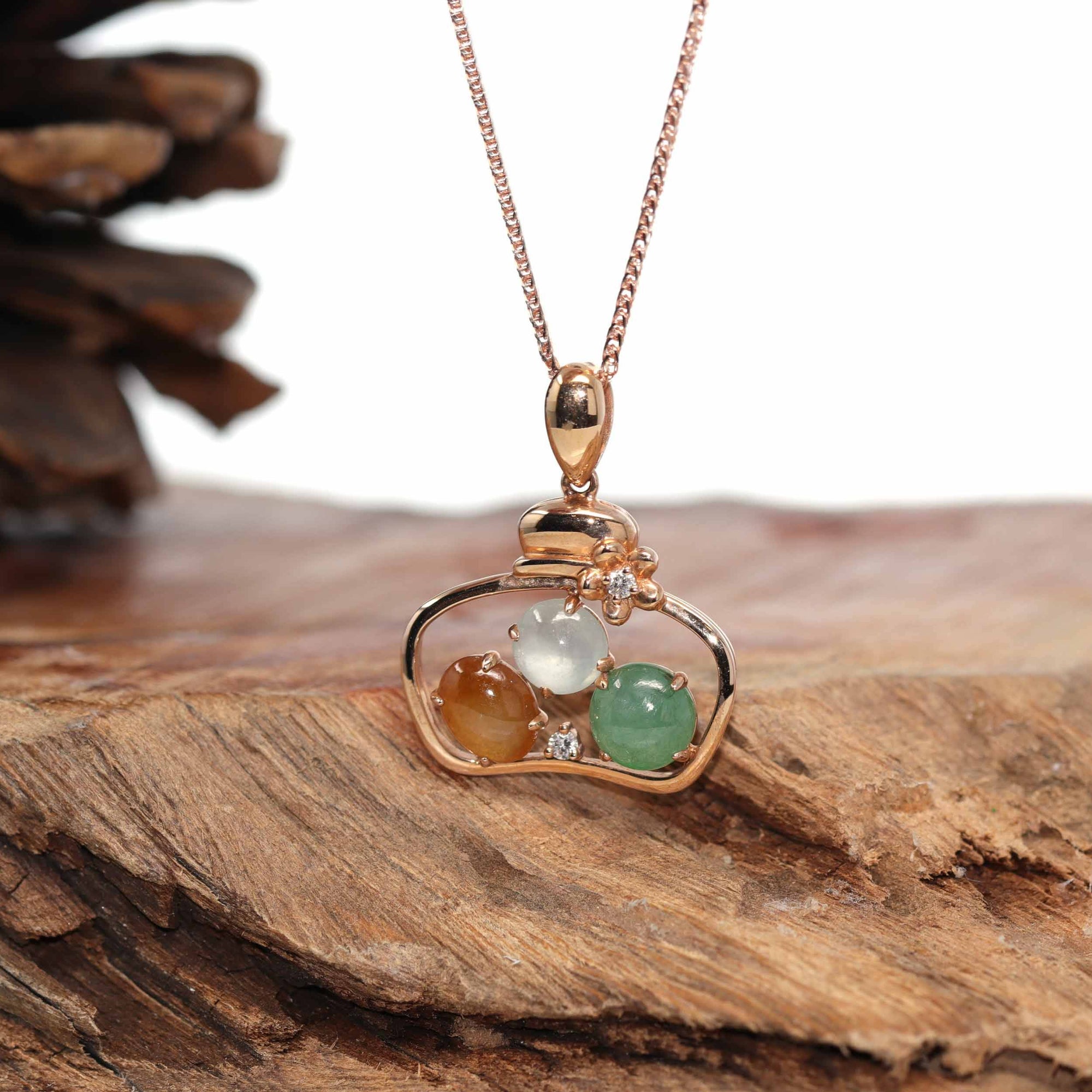 Baikalla Jewelry 18k Gold Jadeite Necklace 18K Rose Gold &quot;Lucky Goodie Bottle&quot; Multi-Color Jadeite Jade Cabochon Necklace with Diamonds