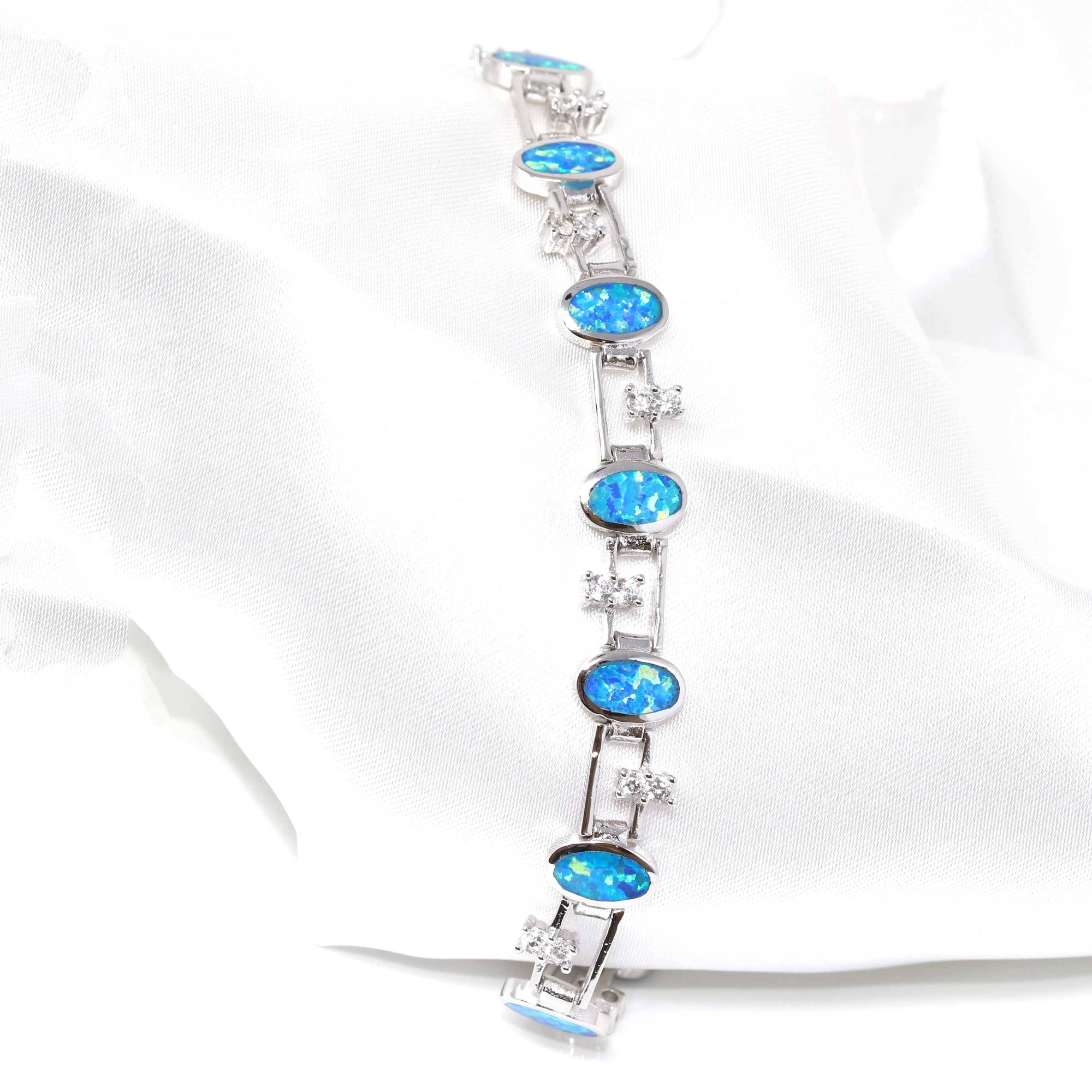 Baikalla Jewelry Silver Gemstone Bracelet Baikalla™ Sterling Silver Lab-Created Classic Oval Opal Cute Bracelet With CZ