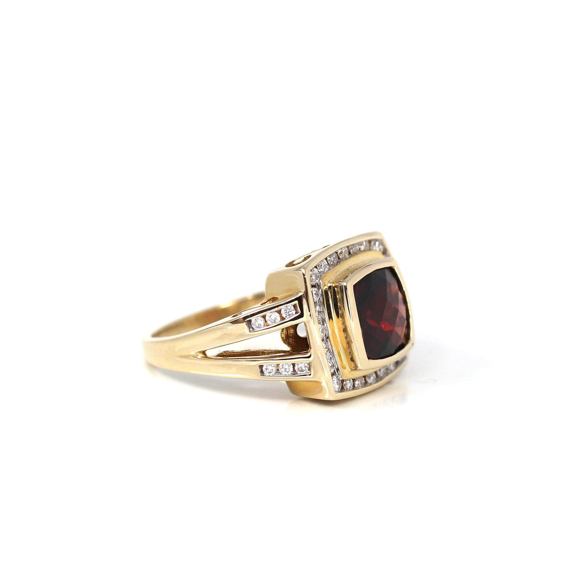 Baikalla Jewelry gold garnet ring 14k Yellow Gold Natural Dark Orange Red Garnet Antique Men's Ring with Diamonds