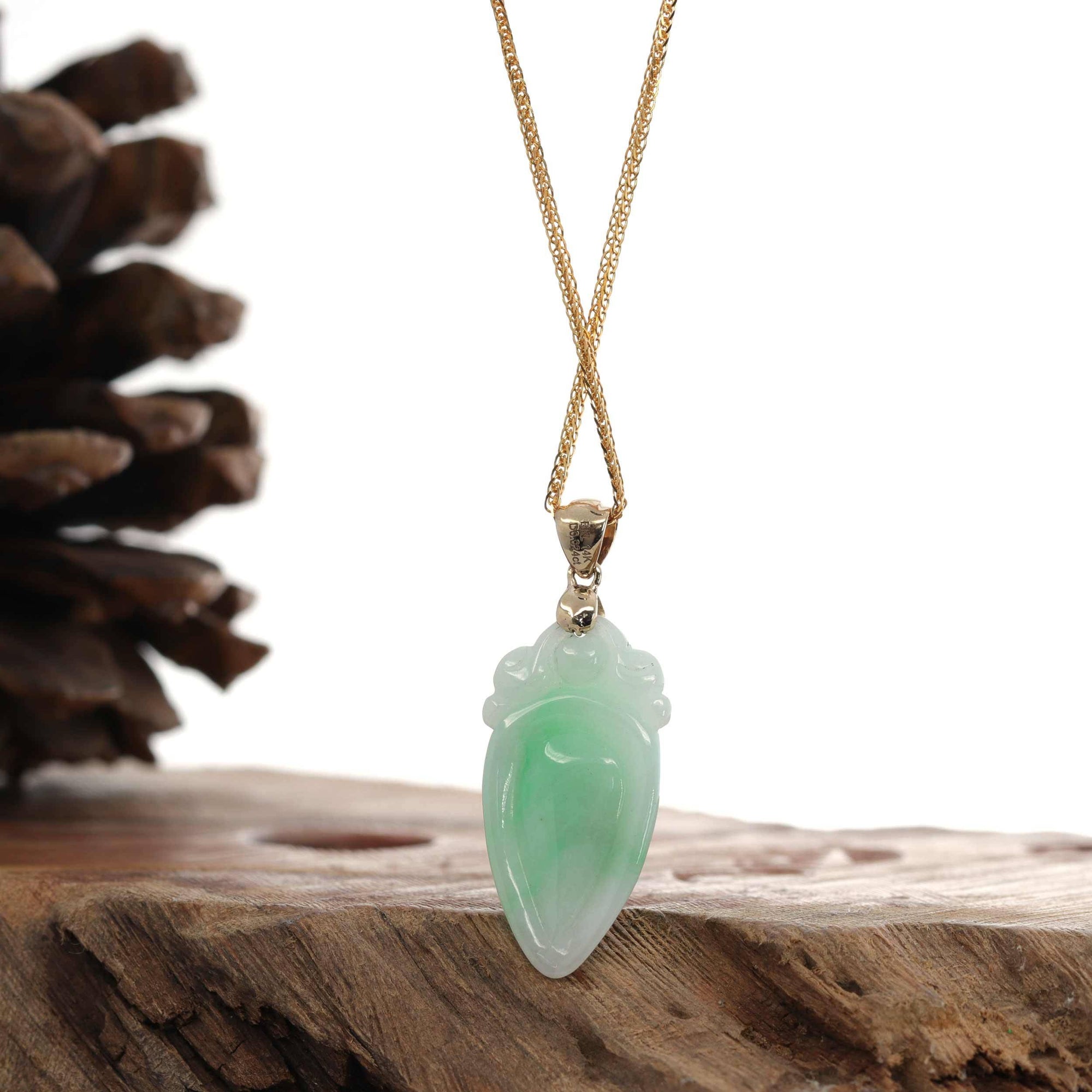 Baikalla Jewelry Jade Pendant Natural Jadeite "Longevity Peach" ShouTao Necklace With 14k Yellow Gold Diamond Bail