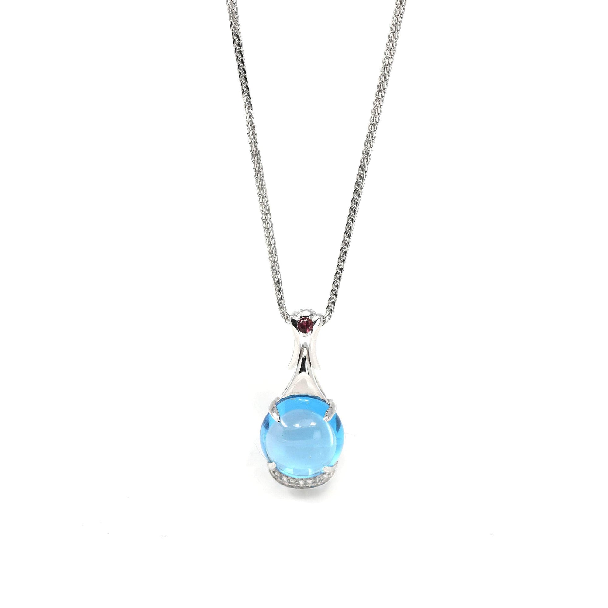 Baikalla Jewelry gemstone jewelry 18k White Gold Genuine Cabochon Cut London Blue Topaz & Diamonds Pendant Necklace