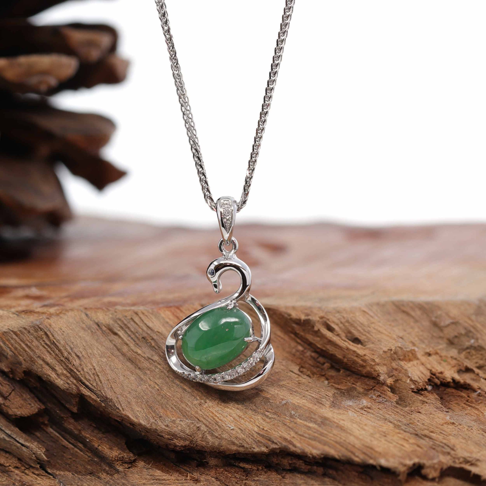 Baikalla Jewelry 18k Gold Jadeite Necklace 18K White Gold &quot;Swan&quot; Imperial Jadeite Jade Cabochon Necklace with Diamonds