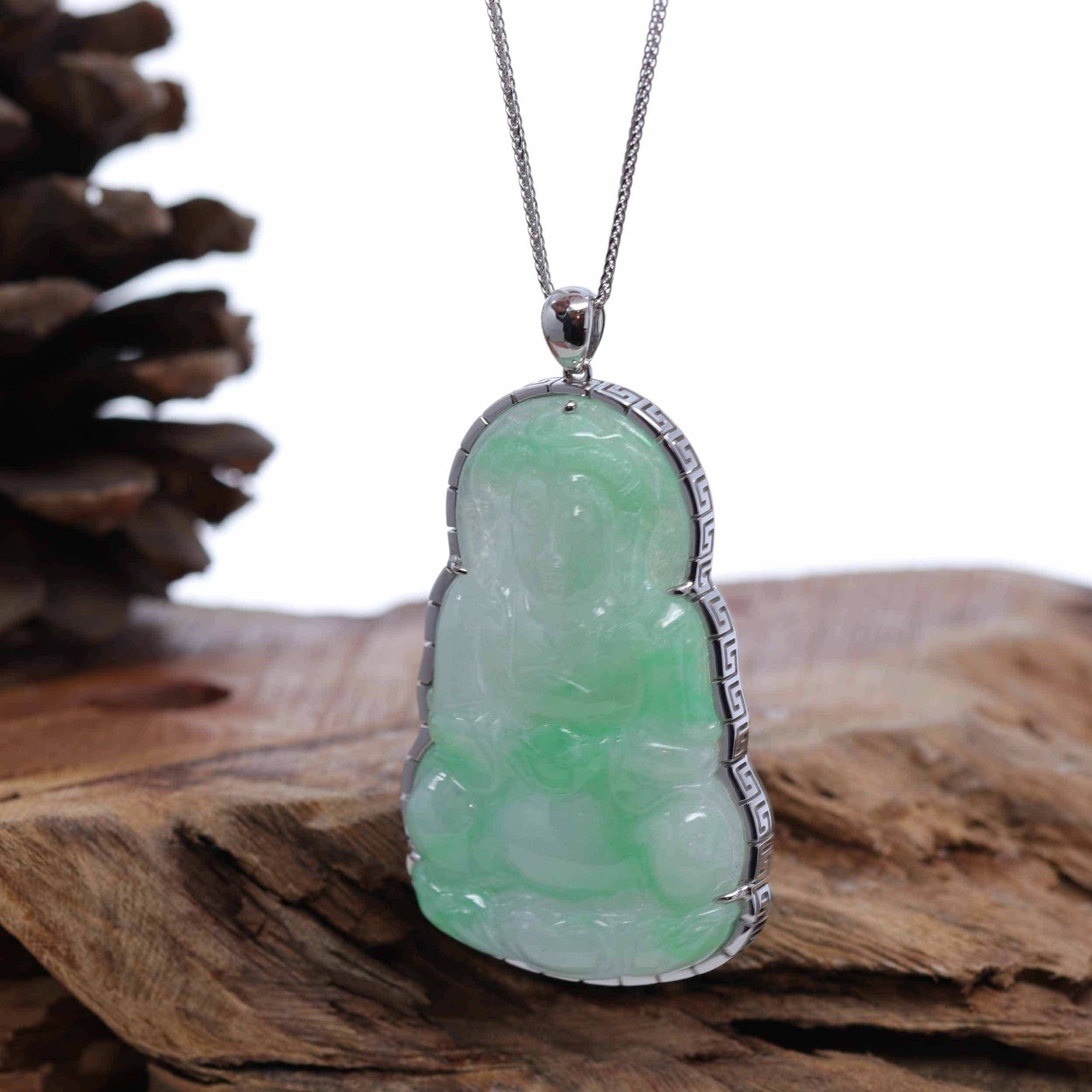 Baikalla Jewelry Jade Guanyin Pendant Necklace Baikalla 14k "Goddess of Compassion" Genuine Burmese Jadeite Jade Guanyin Necklace With Good Luck Design