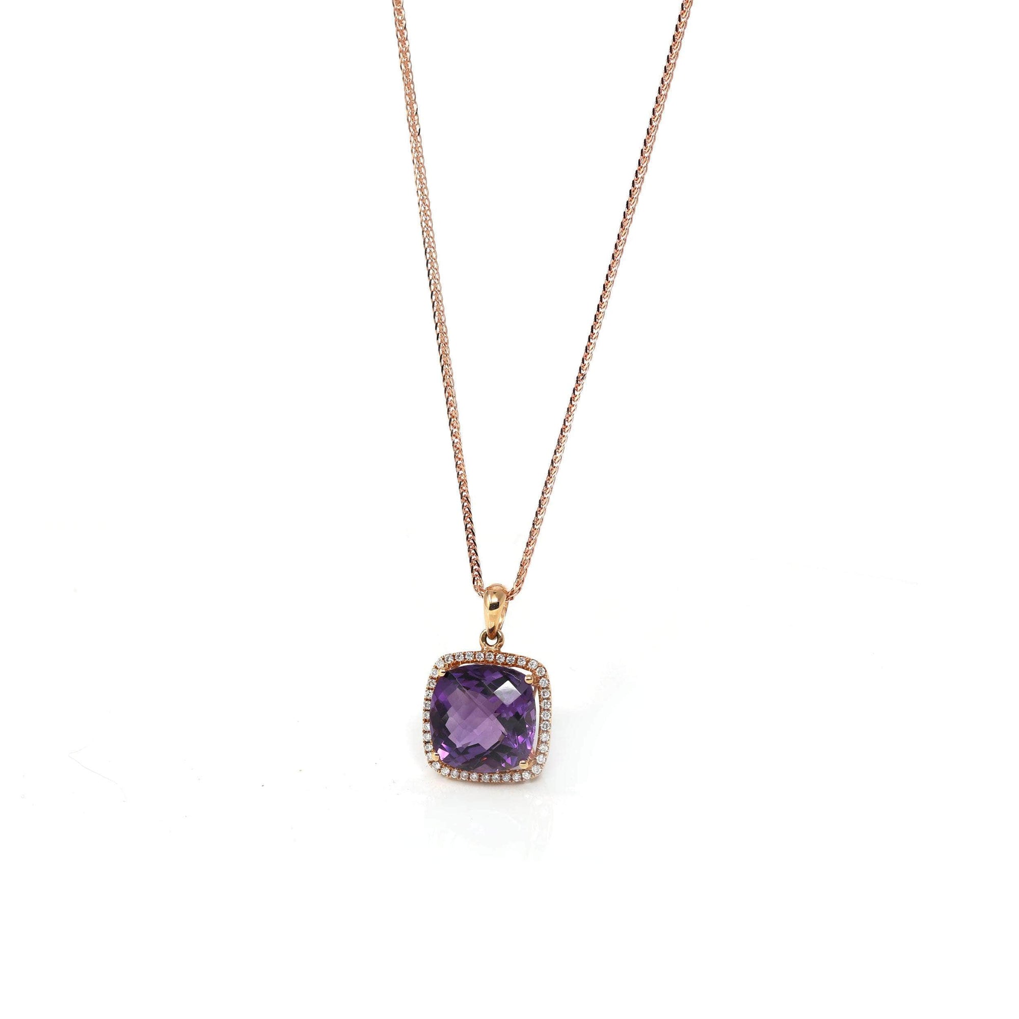 Baikalla Jewelry Gemstone Pendant Necklace 18K Rose Gold AA Royal Amethyst Cushion Cut Pendant Necklace With Diamonds