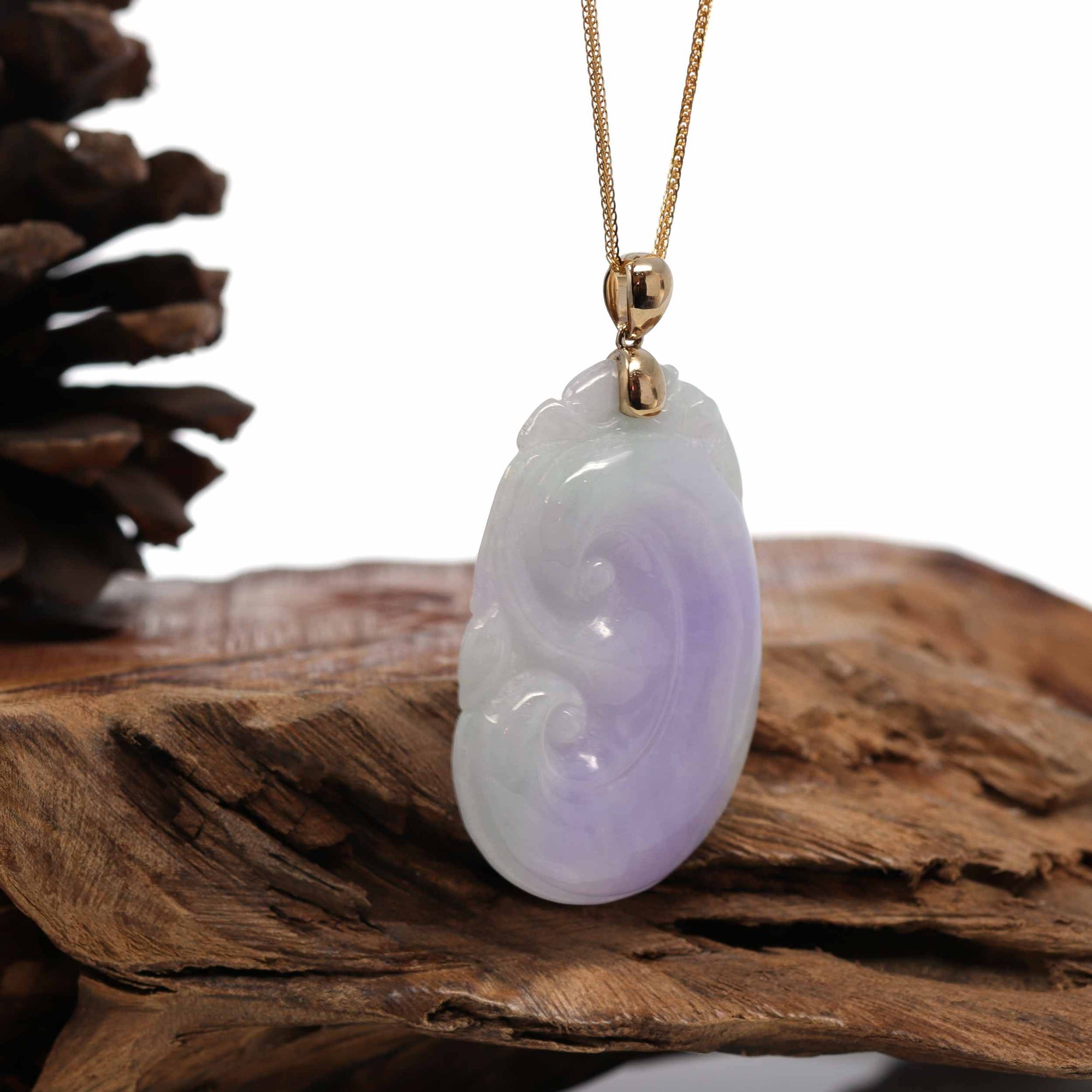 Baikalla Jewelry Jade Guanyin Pendant Necklace Genuine Lavender Jadeite Jade RuYi Pendant Necklace With 14K Yellow Gold Bail