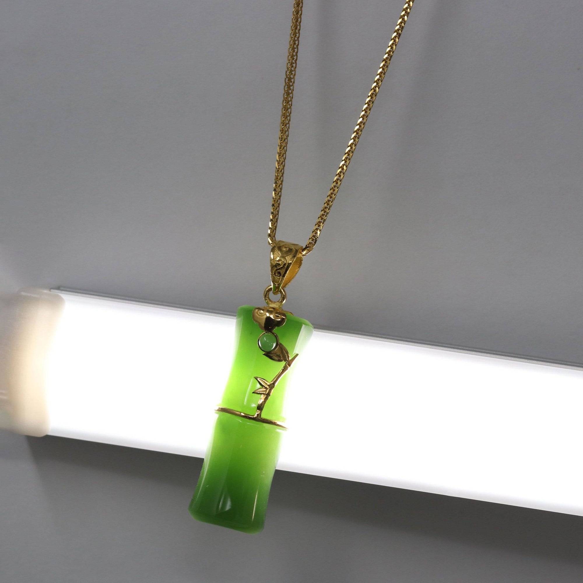 Baikalla Jewelry Gold Jade Necklace 24k Yellow Gold Genuine Nephrite Apple Green Jade Bamboo Pendant Necklace