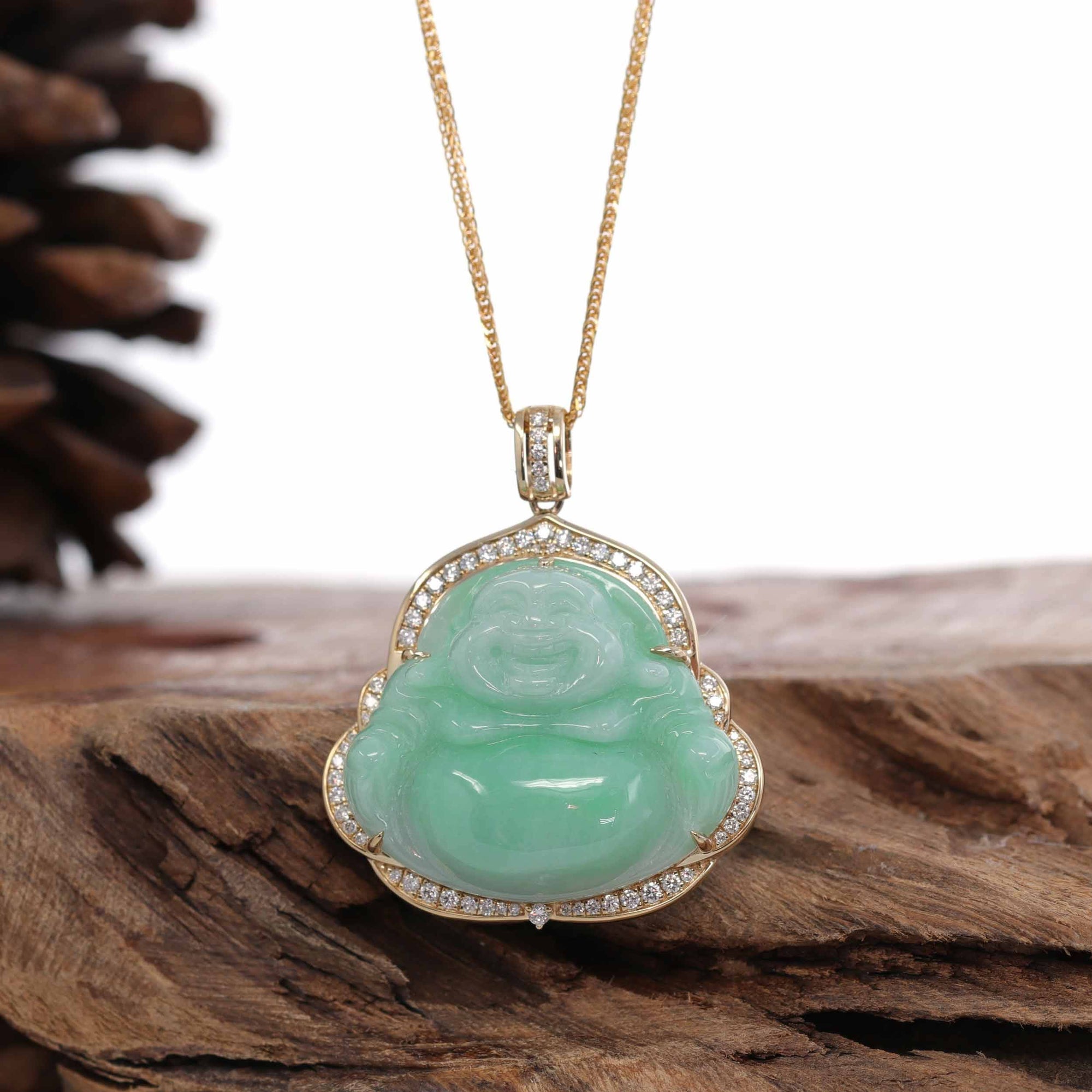 Baikalla Jewelry Gold Jade Buddha Baikalla™ &quot;Laughing Buddha&quot; 14k Gold Genuine Green Jadeite Jade with VS1 Diamonds