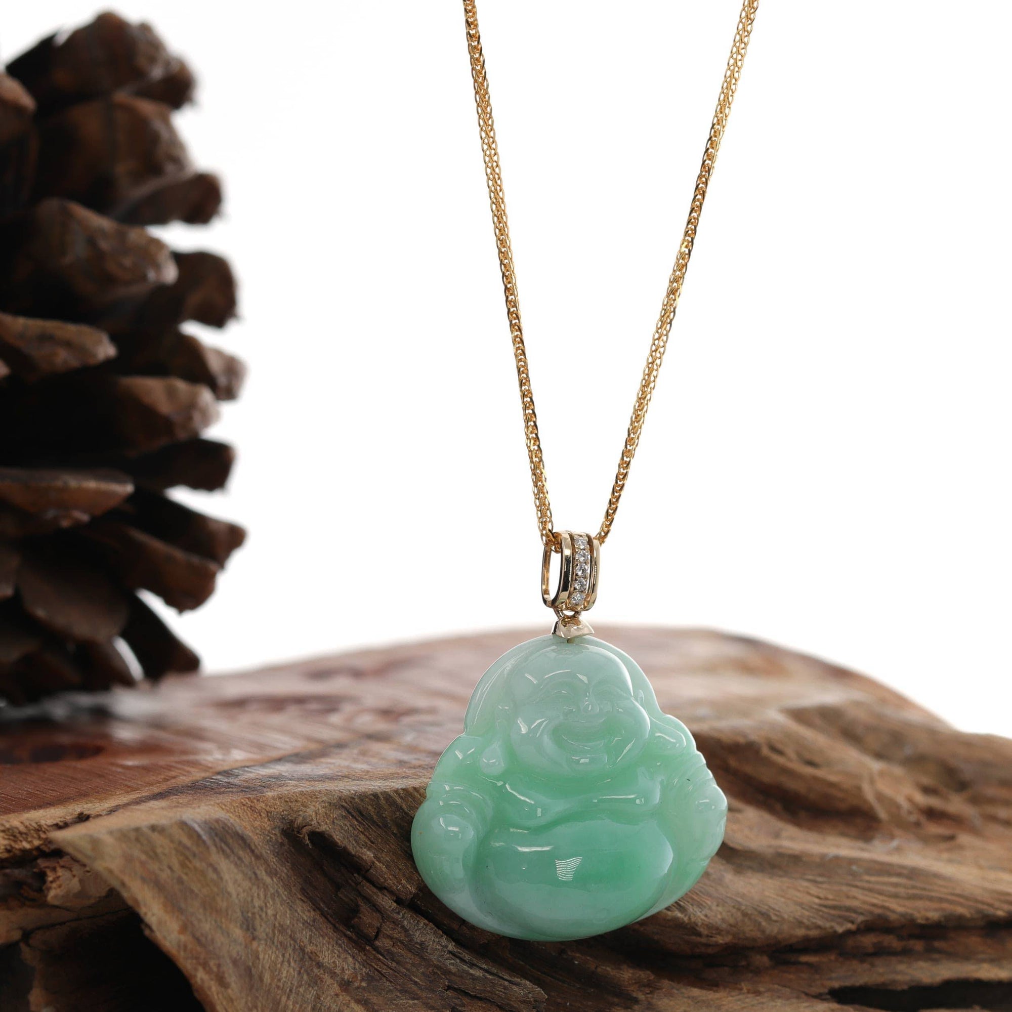 Baikalla Jewelry Jade Pendant Natural Burmese Jadeite Jade &quot;Laughing Buddha&quot; With 14k Yellow VS1 Diamond Bail