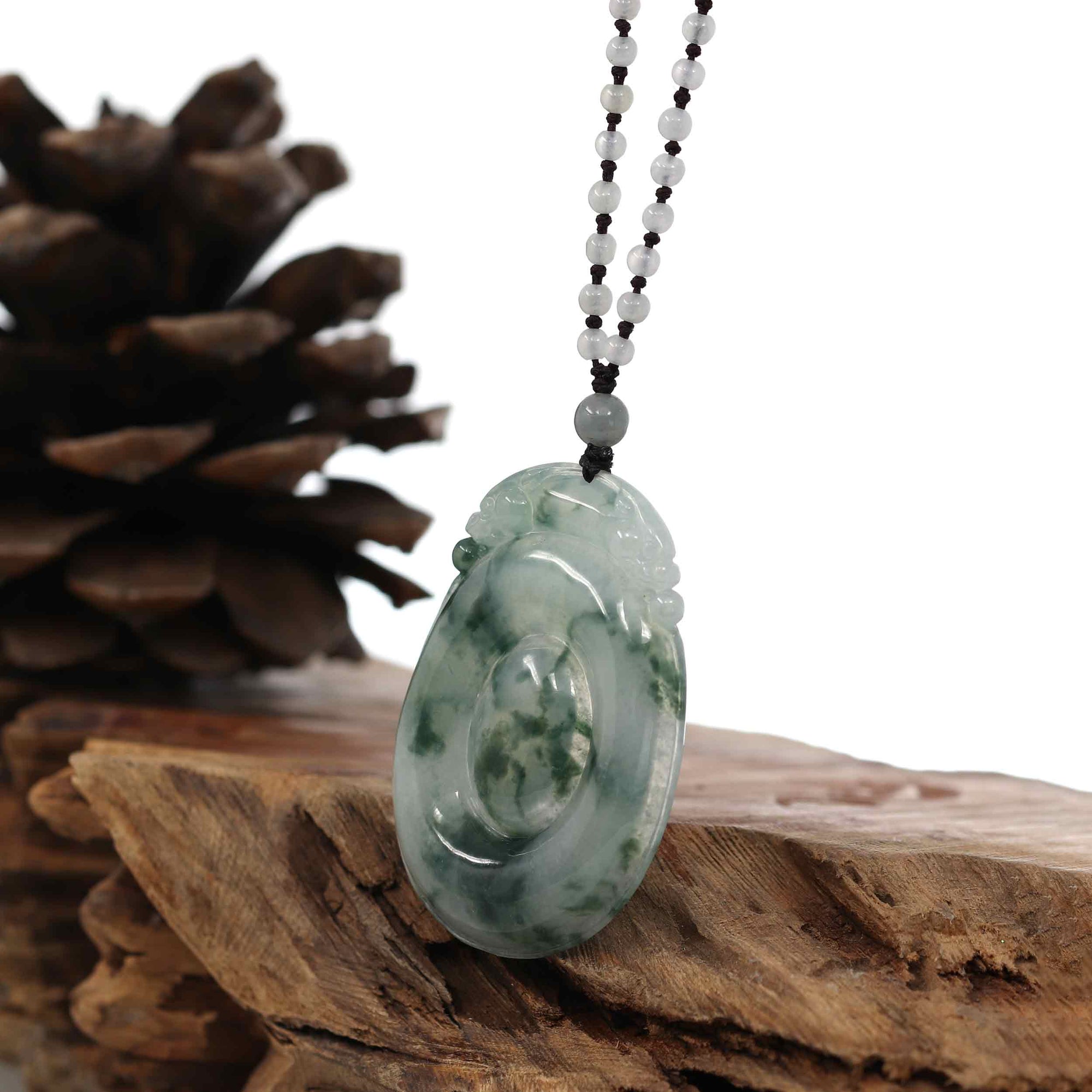 Baikalla Jewelry Jade Pendant Necklace Genuine Ice Blue-Green Jadeite Jade "Good Luck Oval with Dragon Accent" Pendant Necklace With Real Jadeite Bead Necklace