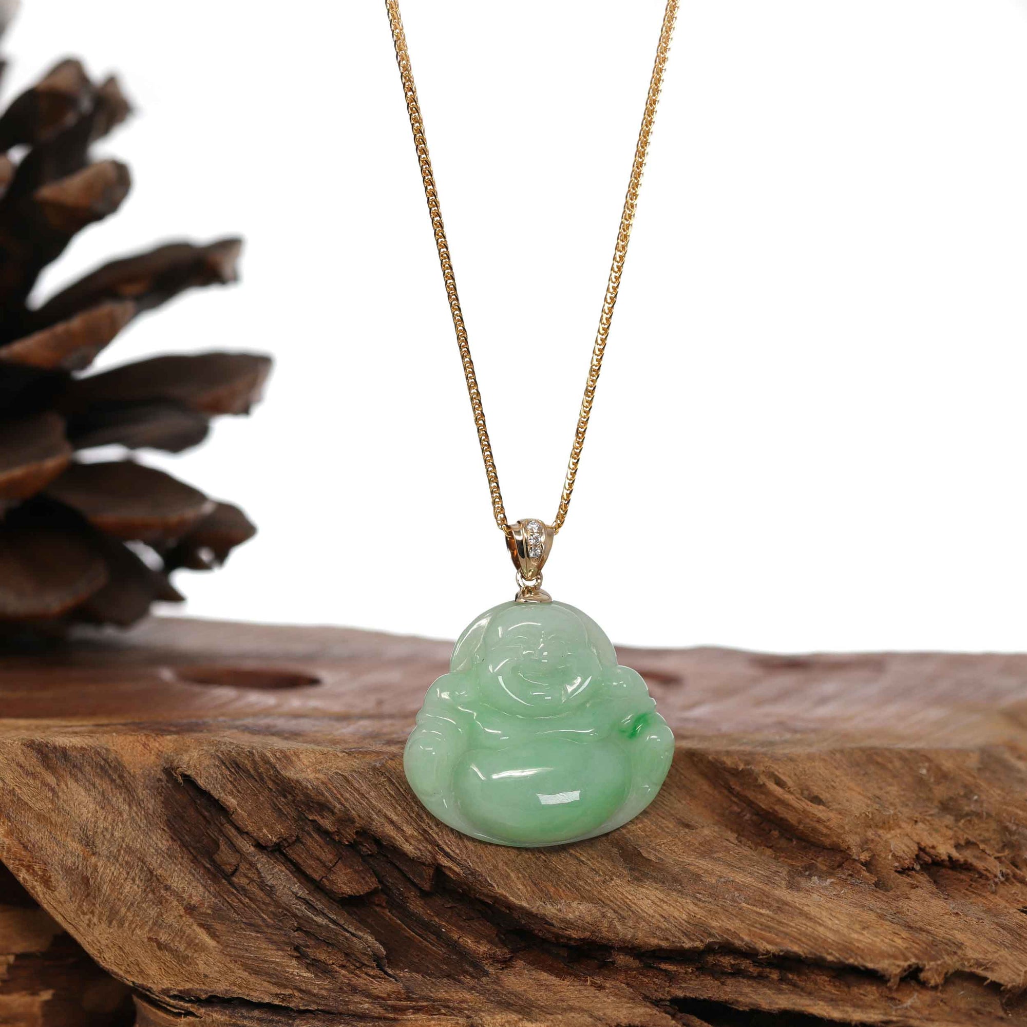 Baikalla Jewelry Gold Jadeite Jade Pendant Necklace Natural Burmese Jadeite Jade Happy Buddha With 14k Yellow VS1 Diamond Bail