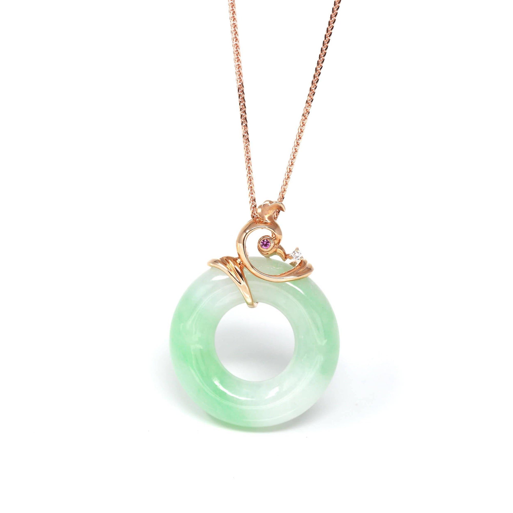 Baikalla Jewelry 18k Gold Jadeite Necklace Pendant Only Baikalla™ &quot;Good Luck Birdie&quot; 18k Rose Gold Genuine Burmese Jadeite Lucky Pendant Necklace With AA Ruby &amp; Diamond