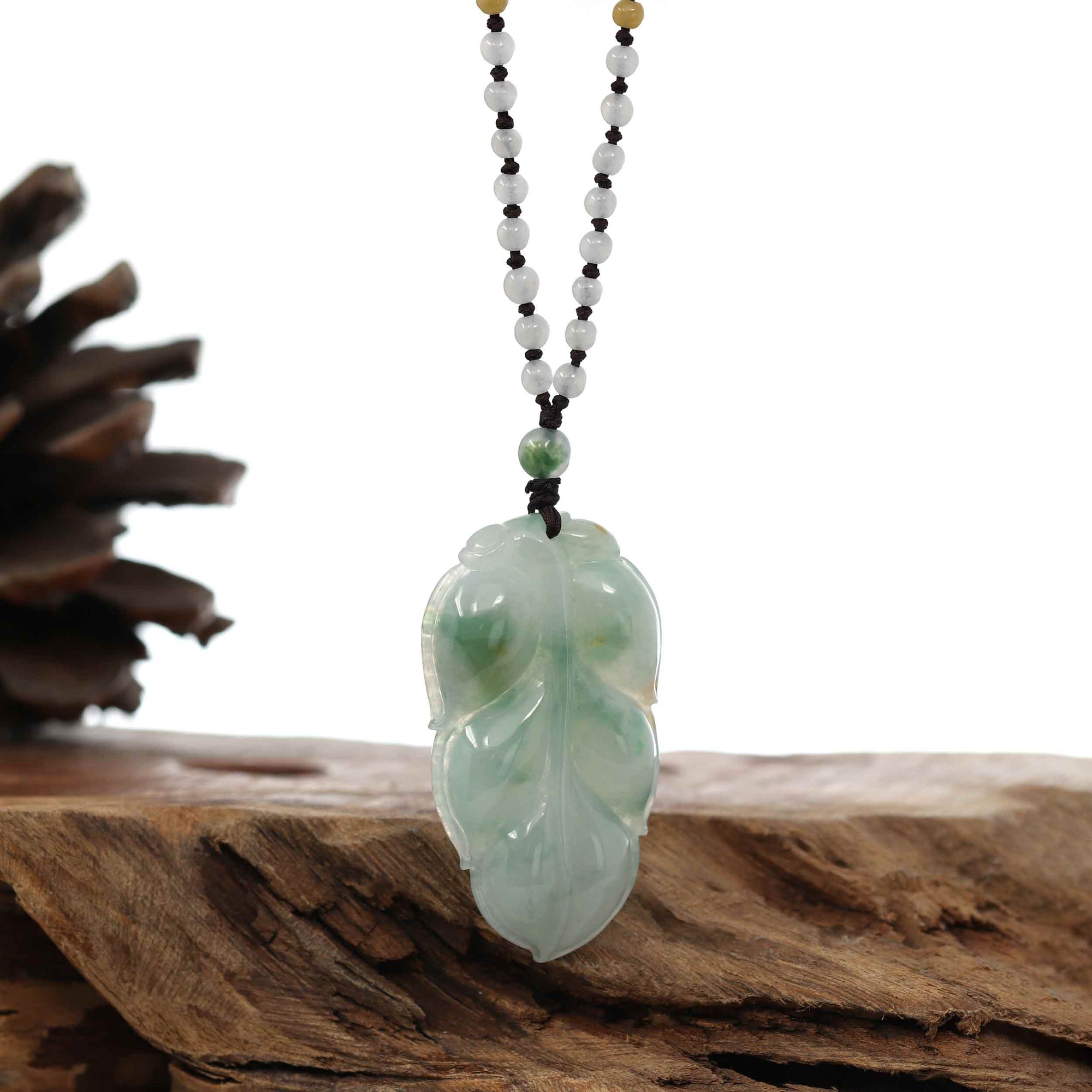 Baikalla Jewelry Jade Pendant Necklace Genuine Ice Blue-Green Jadeite Jade &quot;Good Fortune Leaf&quot; Pendant Necklace With Real Jadeite Bead Necklace