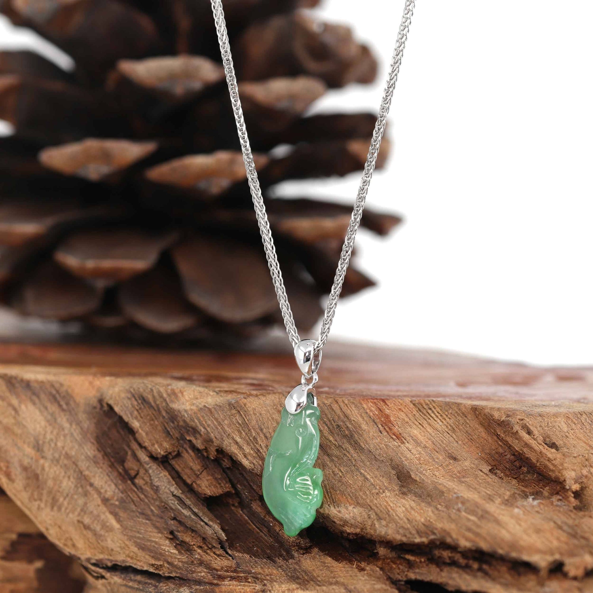 Baikalla Jewelry Jade Pendant Necklace Baikalla &quot;Prosperity Every Year (年年有鱼)&quot; Lucky Fish Carving Pendant Necklace Natural Green Jadeite Jade JG154