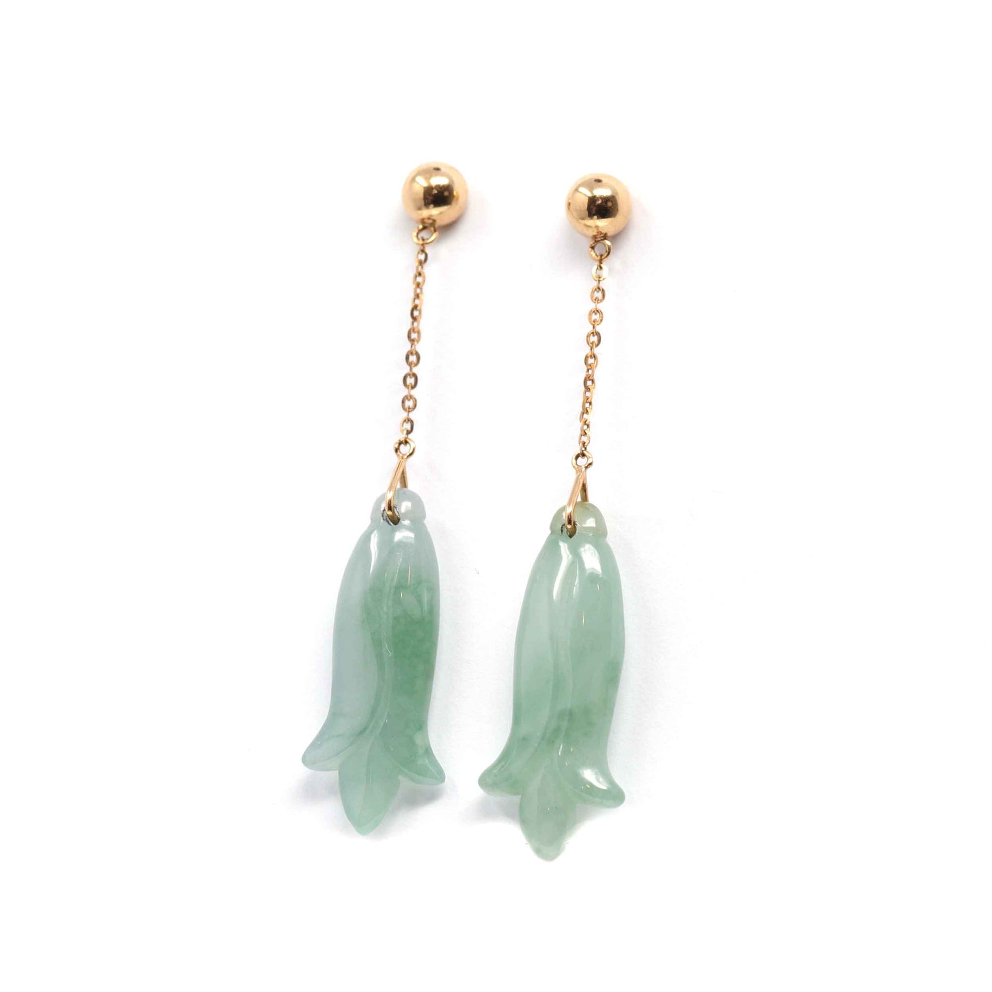 Baikalla Jewelry Gold Jade Earrings 18K Rose Gold "Magnolia Flower" Green Jadeite Jade Dangle Stud Earrings