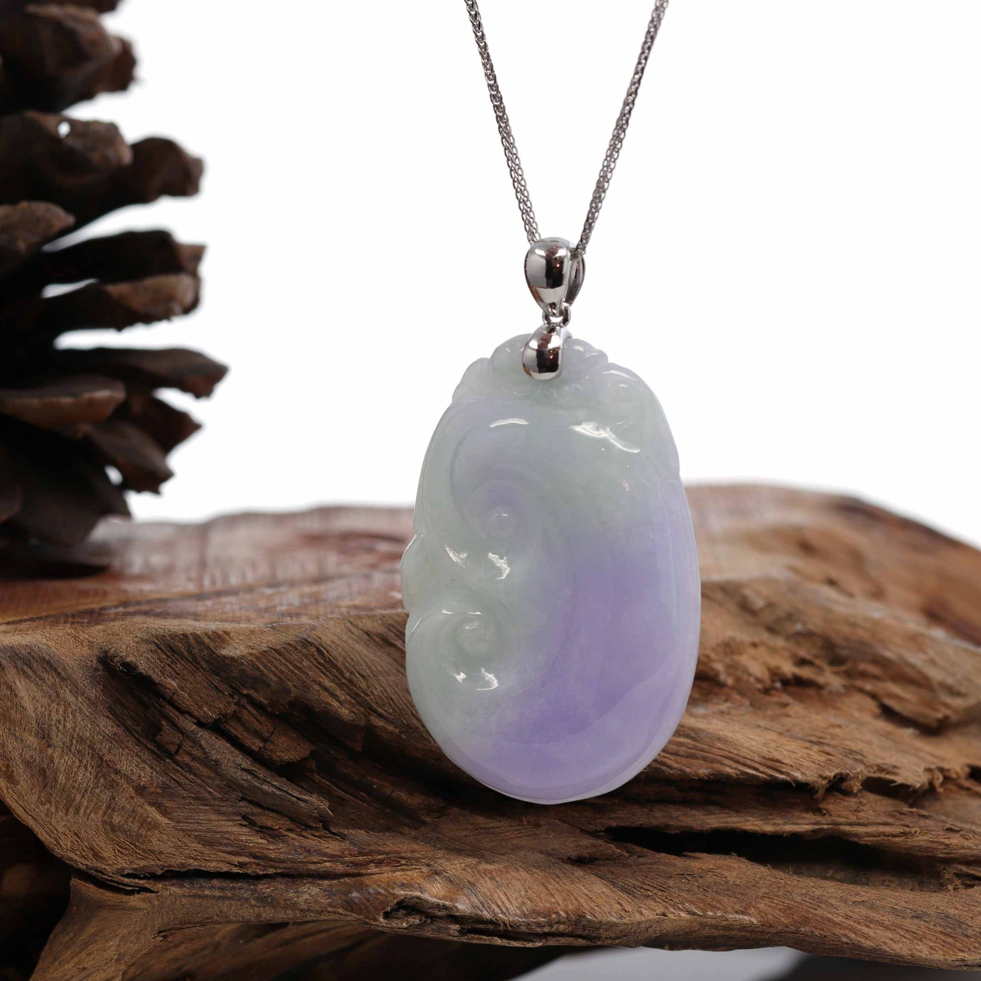 Baikalla Jewelry Jade Guanyin Pendant Necklace Genuine Lavender Jadeite Jade RuYi Pendant Necklace With 14K White Gold Bail