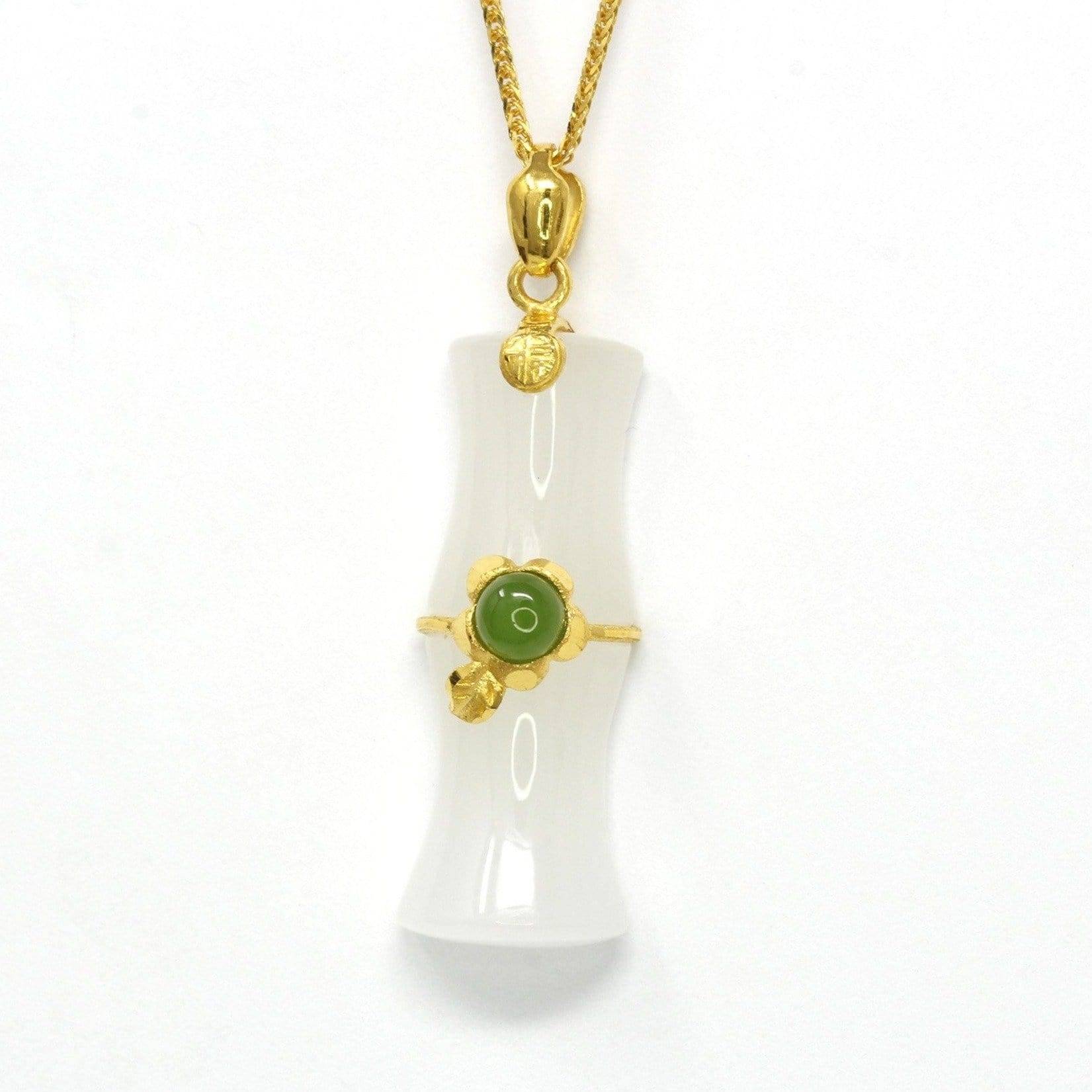 Baikalla Jewelry 24k gold jade jewelry 24k Yellow Solid Gold Genuine Nephrite White & Green Jade Bamboo Pendant Necklace(N2)