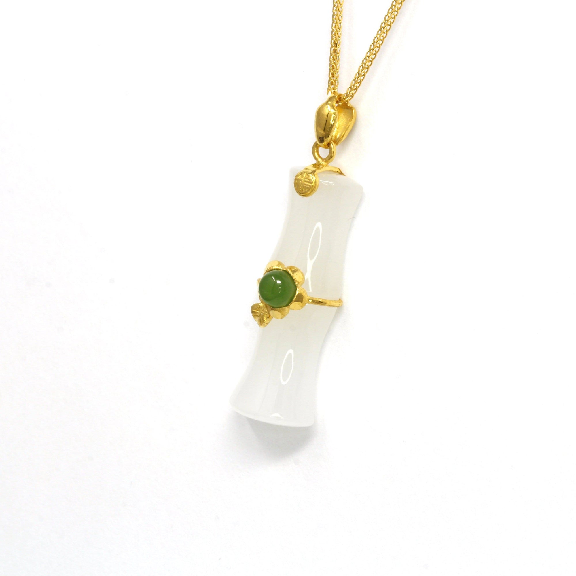 Baikalla Jewelry 24k gold jade jewelry 24k Yellow Solid Gold Genuine Nephrite White &amp; Green Jade Bamboo Pendant Necklace(N2)