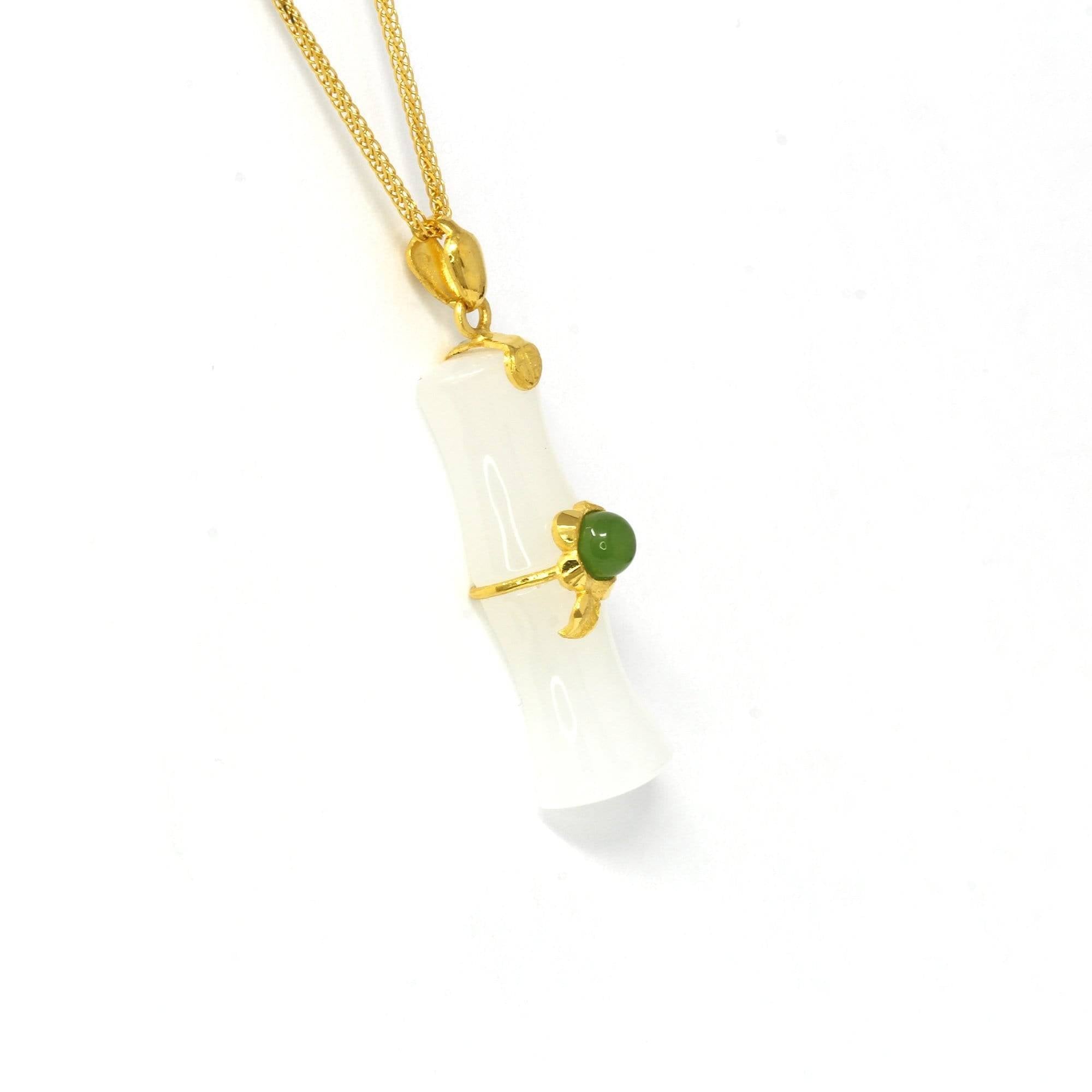 Baikalla Jewelry 24k gold jade jewelry 24k Yellow Solid Gold Genuine Nephrite White &amp; Green Jade Bamboo Pendant Necklace(N2)