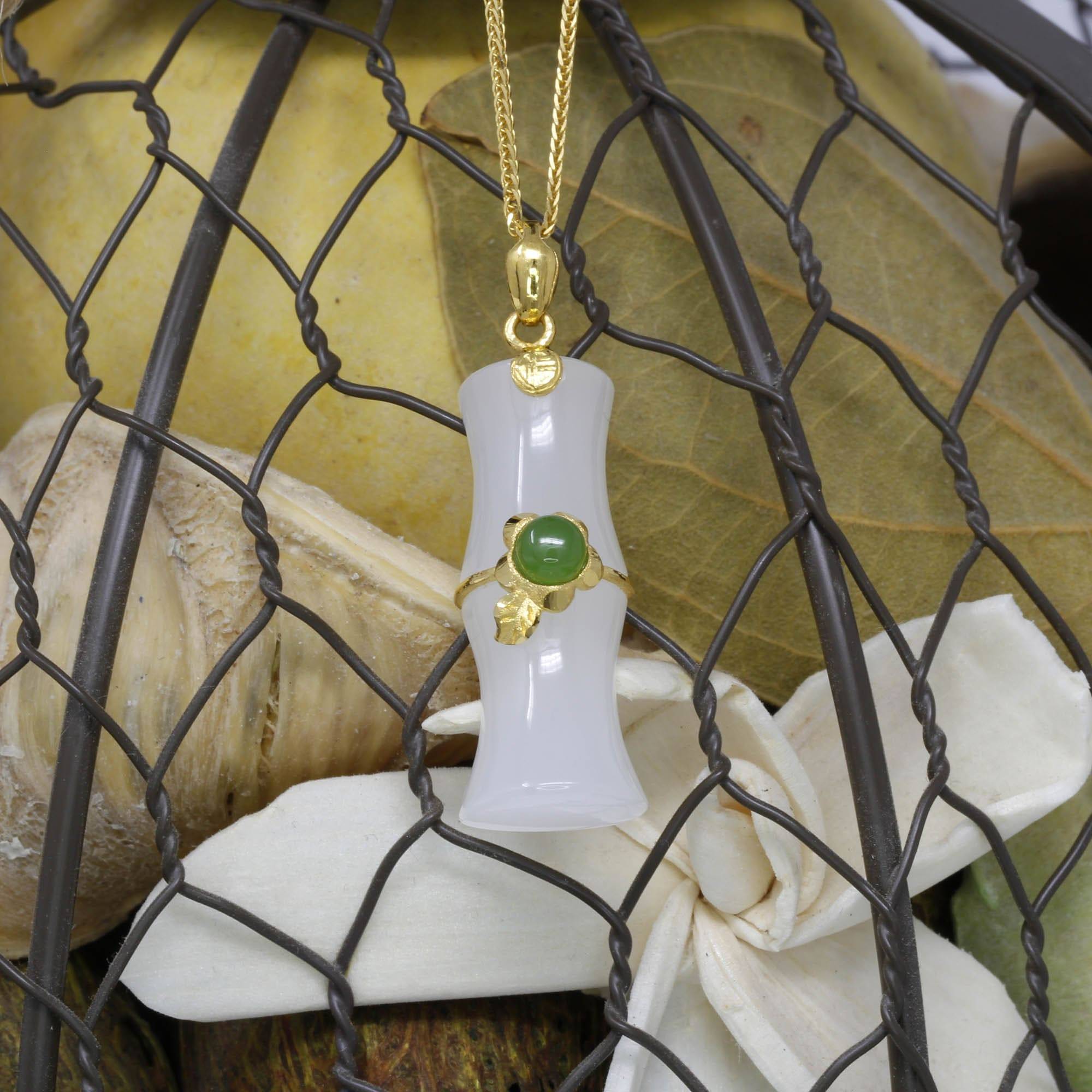 Baikalla Jewelry 24k gold jade jewelry 24k Yellow Solid Gold Genuine Nephrite White & Green Jade Bamboo Pendant Necklace(N2)