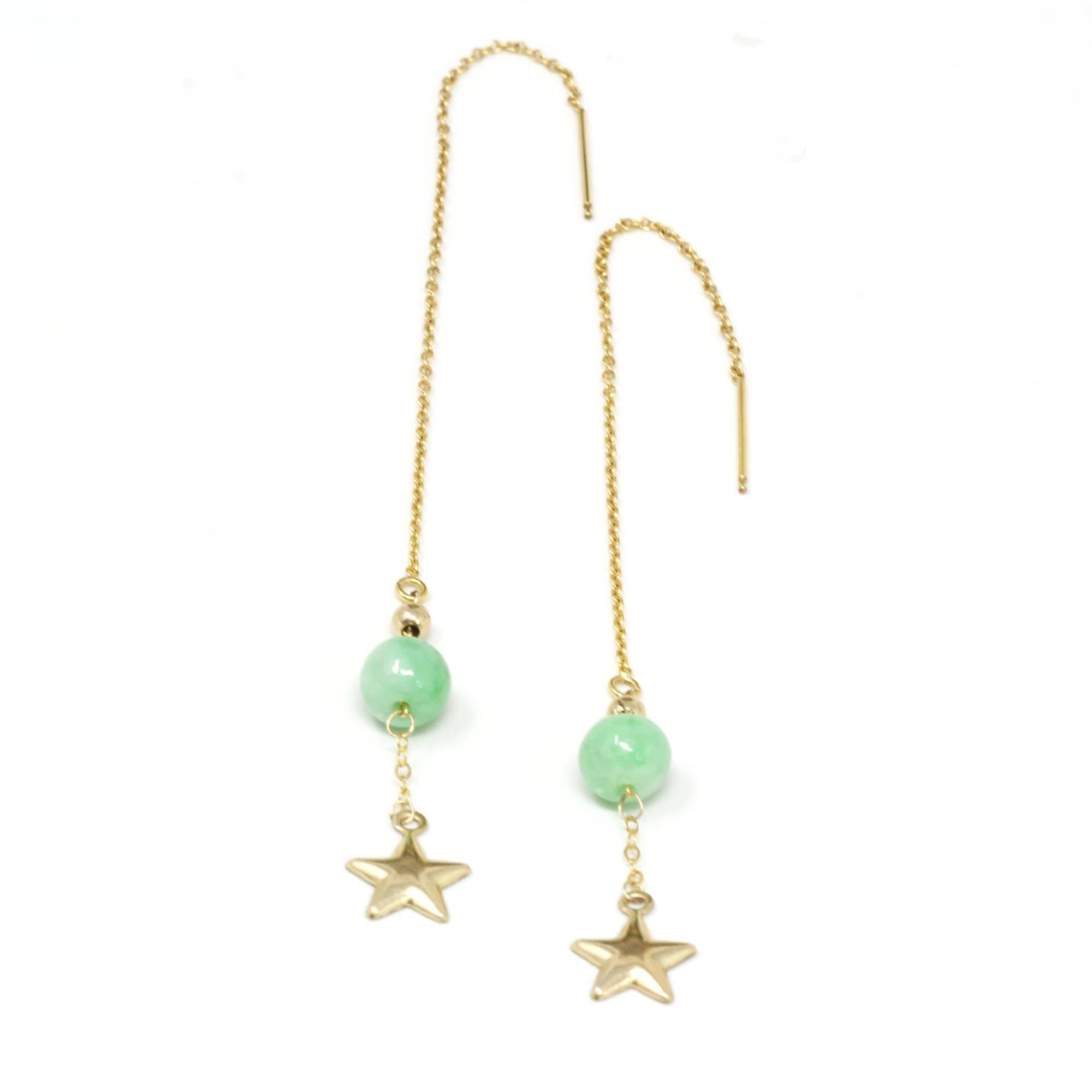 Baikalla Jewelry Gold Jade Earrings Baikalla™ "You are the brightest star to me" 14K Royal Yellow Gold Genuine Jade Jadeite Beads and Gold Star Longer Earrings