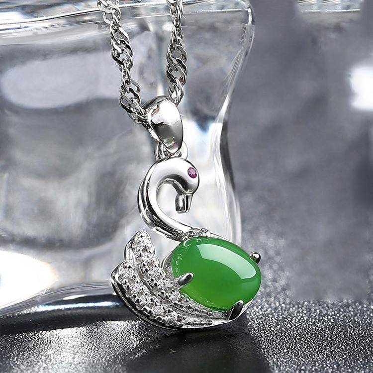 Baikalla Jewelry Jade Pendant Baikalla™ &quot;Love Swan&quot; Genuine Nephrite Green Jade Swan Pendant Necklace with Tourmaline &amp; CZ