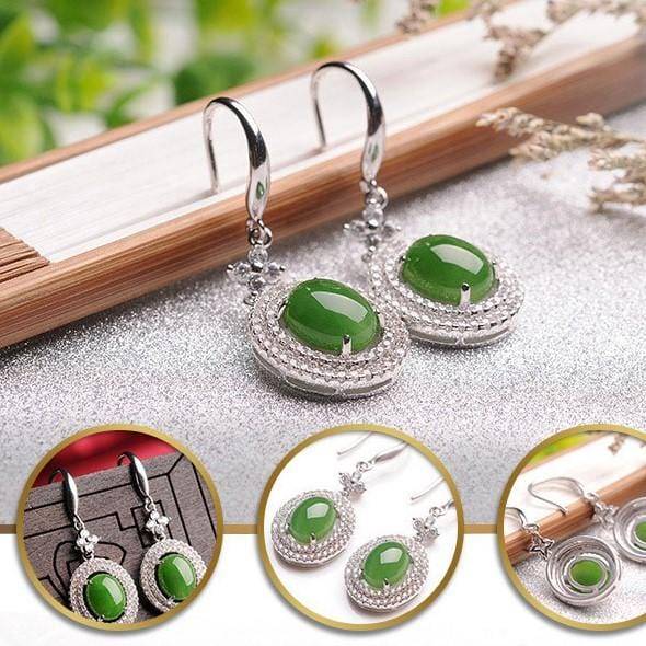 Baikalla Jewelry Silver Gemstone Earrings Baikalla™ "Classic Double Halo" Sterling Silver Genuine Nephrite Green Jade Dangle Earrings