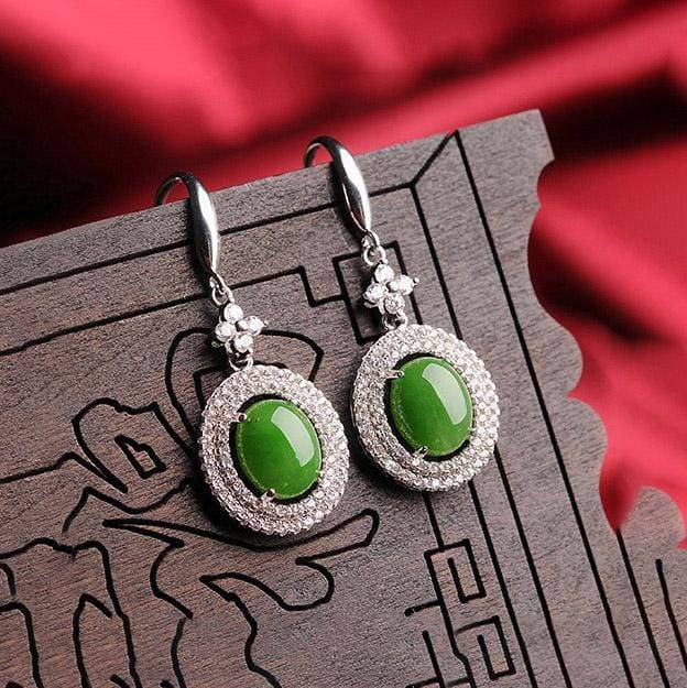 Baikalla Jewelry Silver Gemstone Earrings Baikalla™ &quot;Classic Double Halo&quot; Sterling Silver Genuine Nephrite Green Jade Dangle Earrings